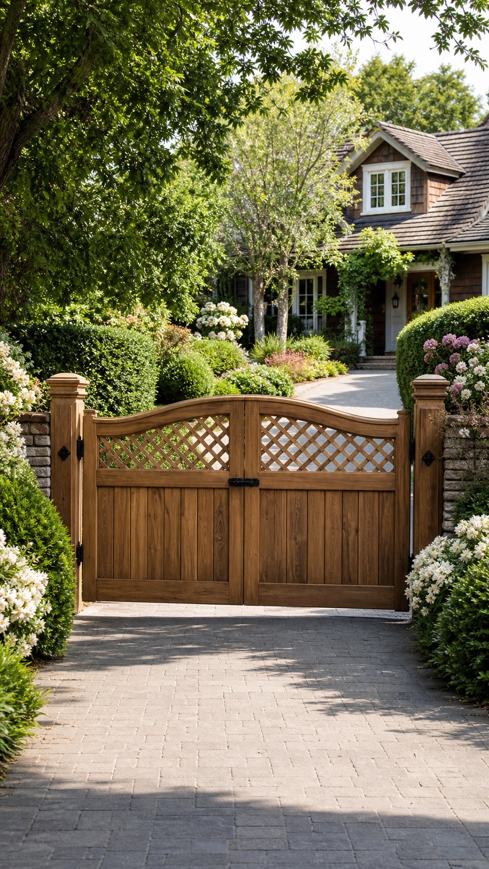 A wooden driveway gate with a lattice top at the entrance of a driveway surrounded by plants and trees.