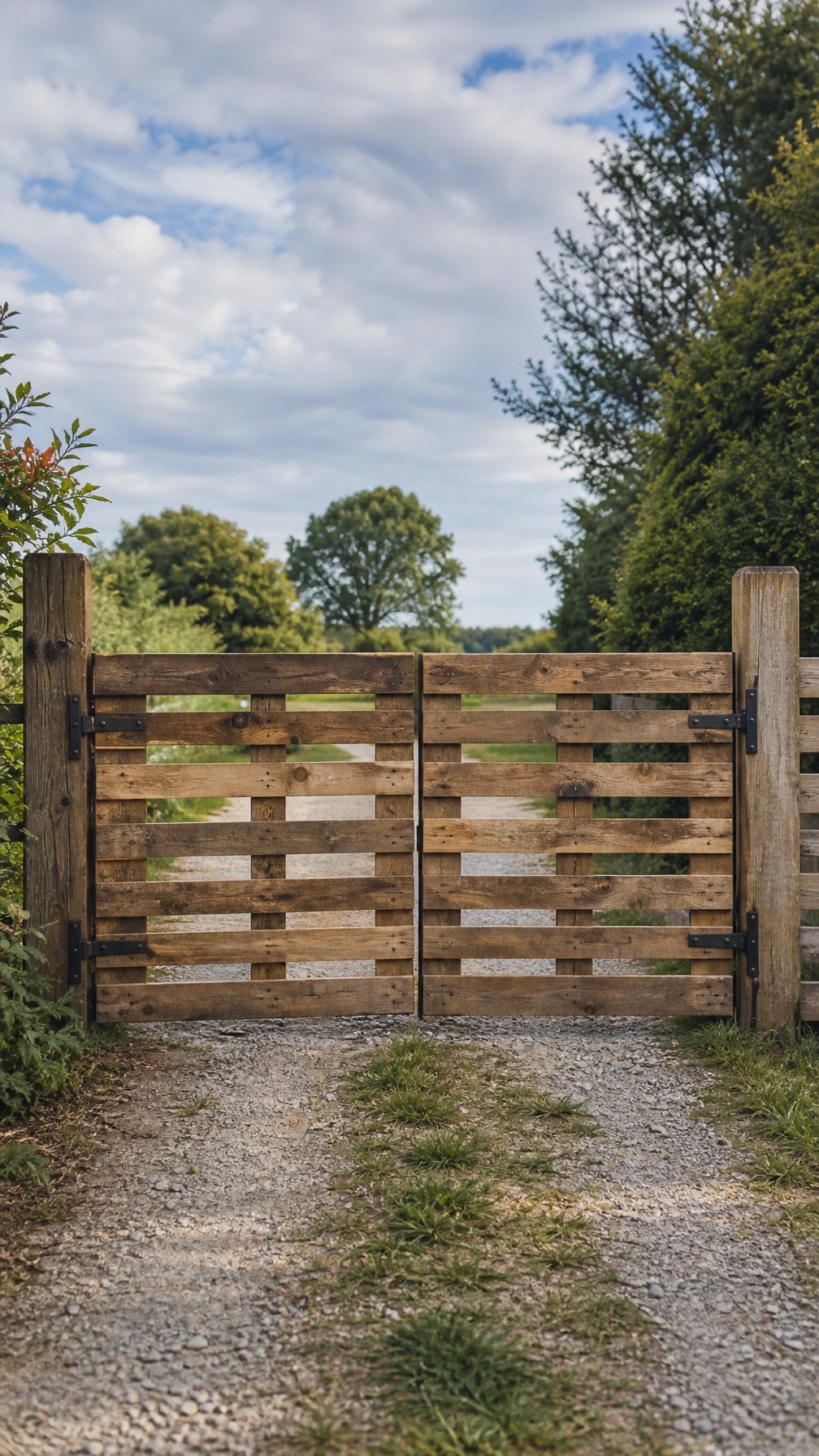 A wooden drive-through gate made from pallet wood at the entrance of a rural driveway surrounded by greenery.