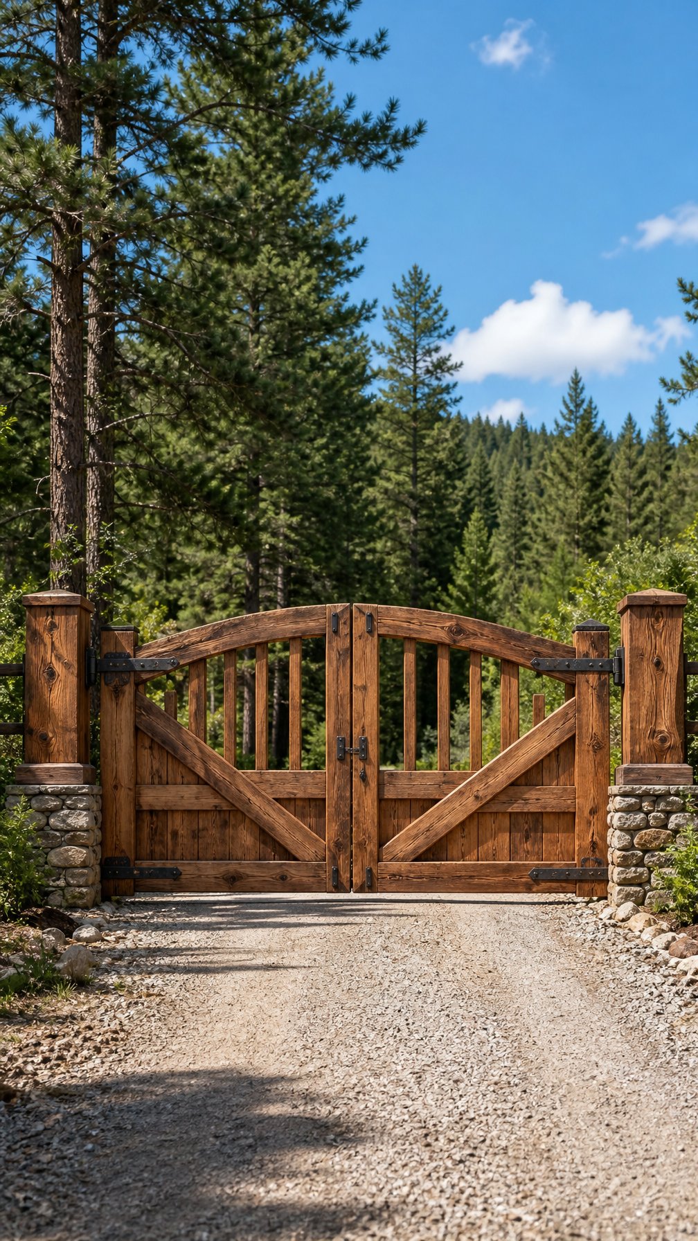 A large wooden driveway gate set among tall trees and greenery, with a gravel driveway leading up to it under a clear sky.