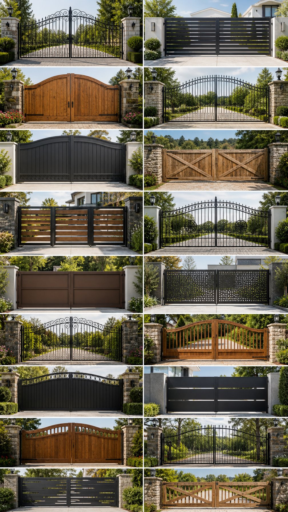 A row of 15 different driveway gates displayed outdoors with greenery and homes in the background.
