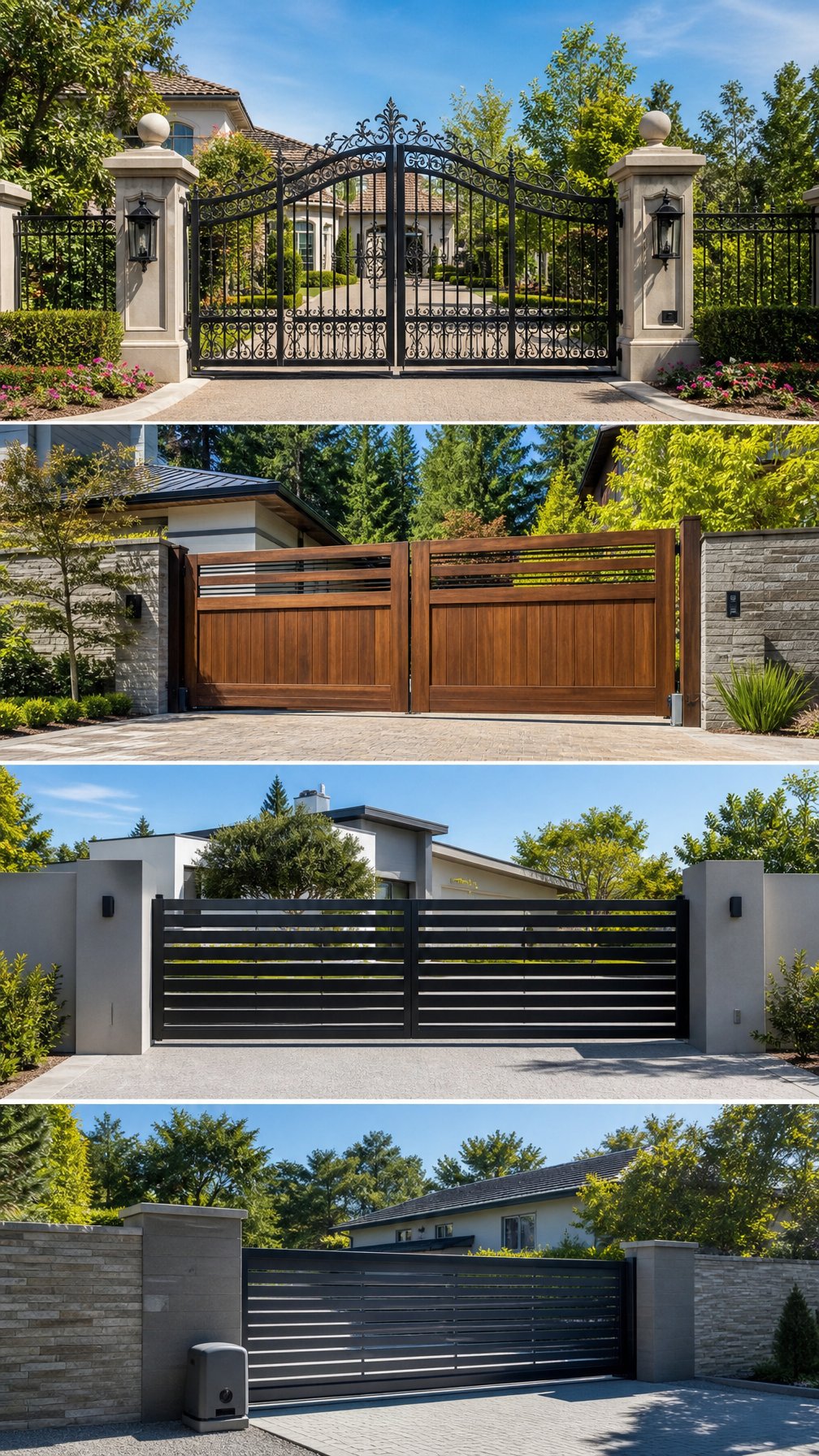 Several different driveway gates installed at the entrances of suburban homes with lawns and gardens on a sunny day.