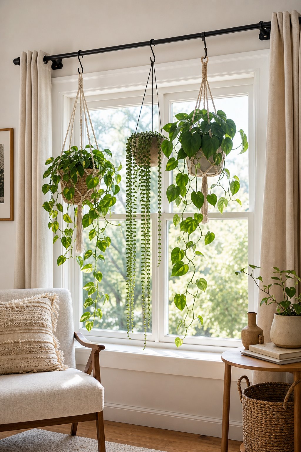 Trailing houseplants hang from a sturdy curtain rod above a bright indoor window.