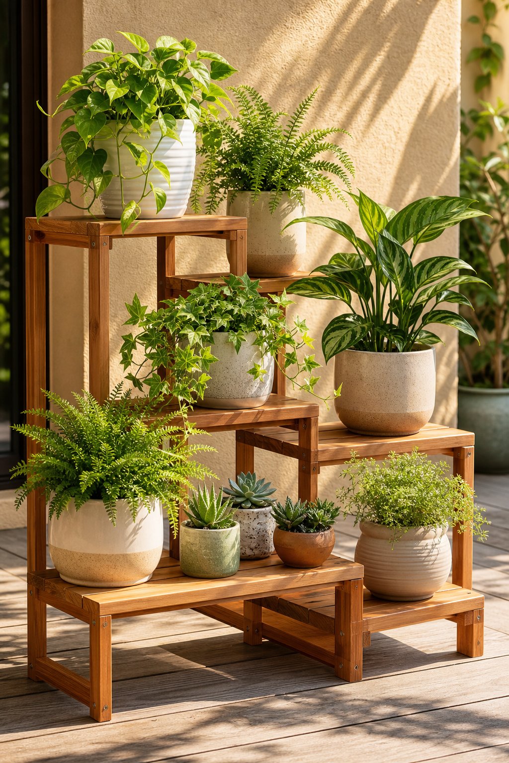 A tiered cedar plant stand filled with potted houseplants beside a sunny patio wall.