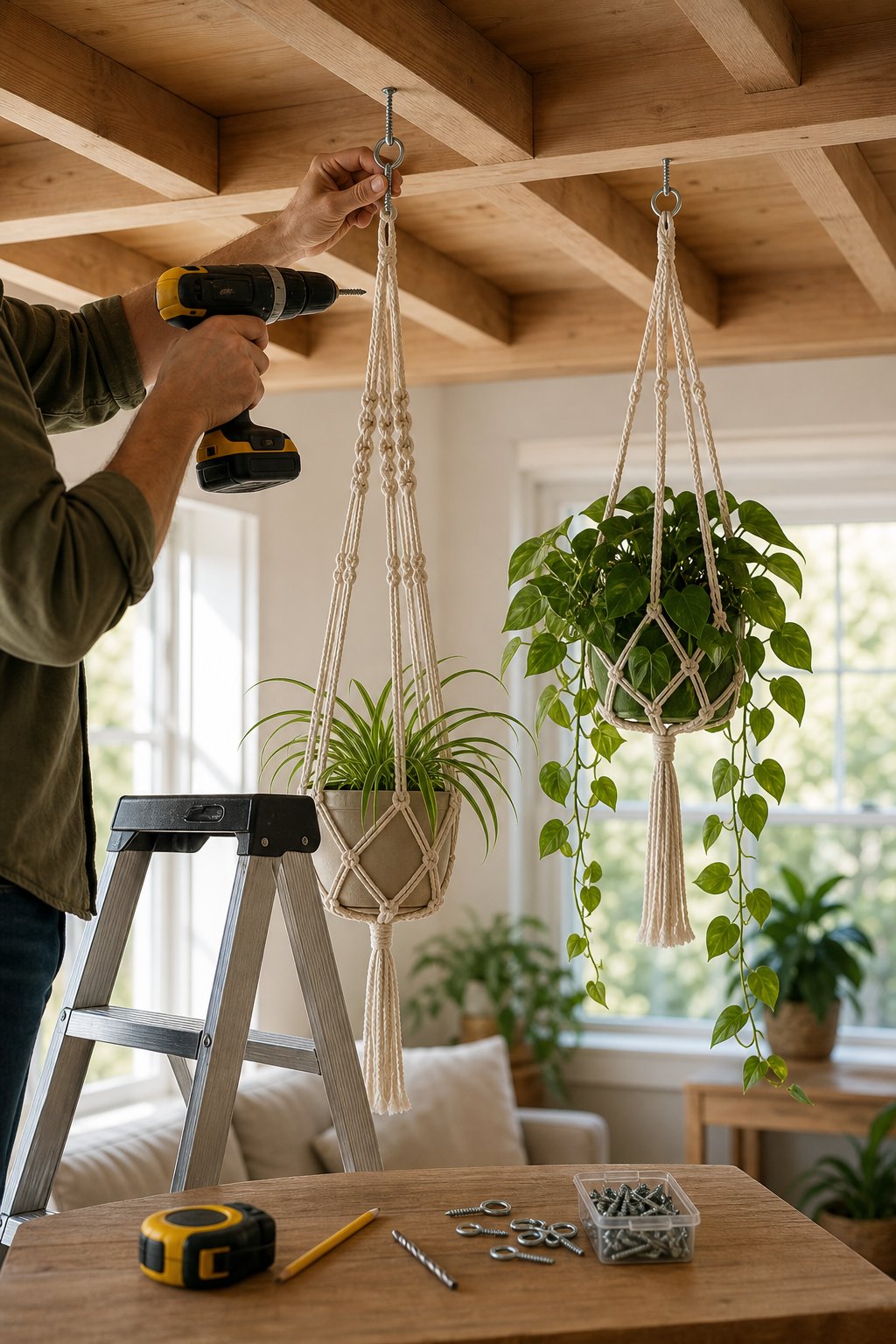 A person installs a ceiling hook into a wooden joist for a macramé plant hanger while tools and a step ladder sit nearby.