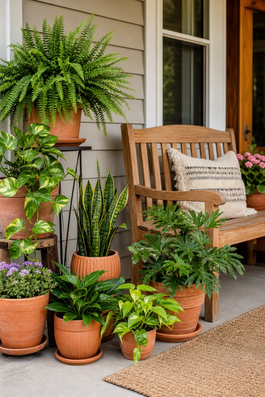 A front porch bench surrounded by terracotta pots filled with assorted green houseplants.
