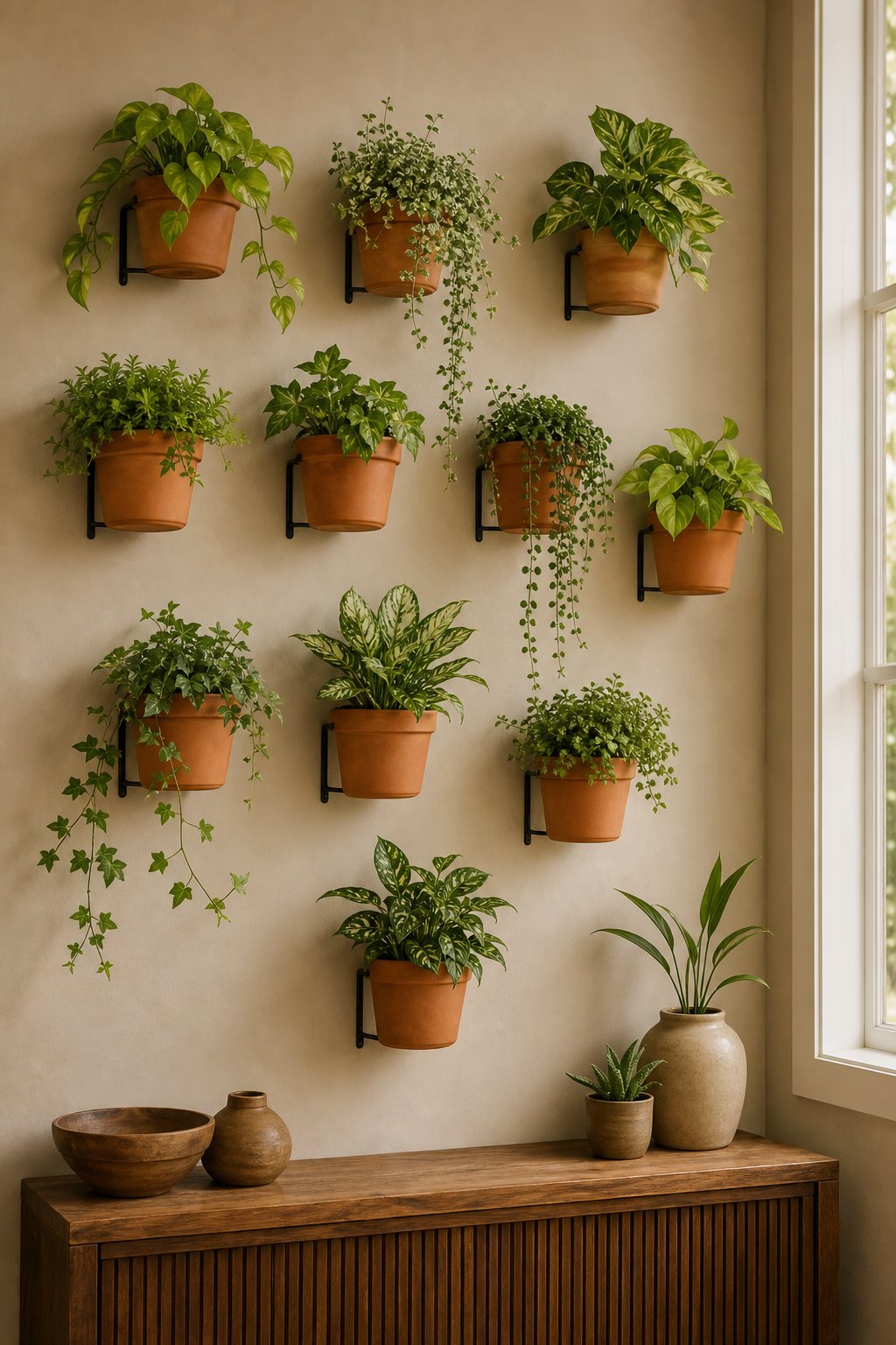 A wall display of individual terracotta pots holding green houseplants.