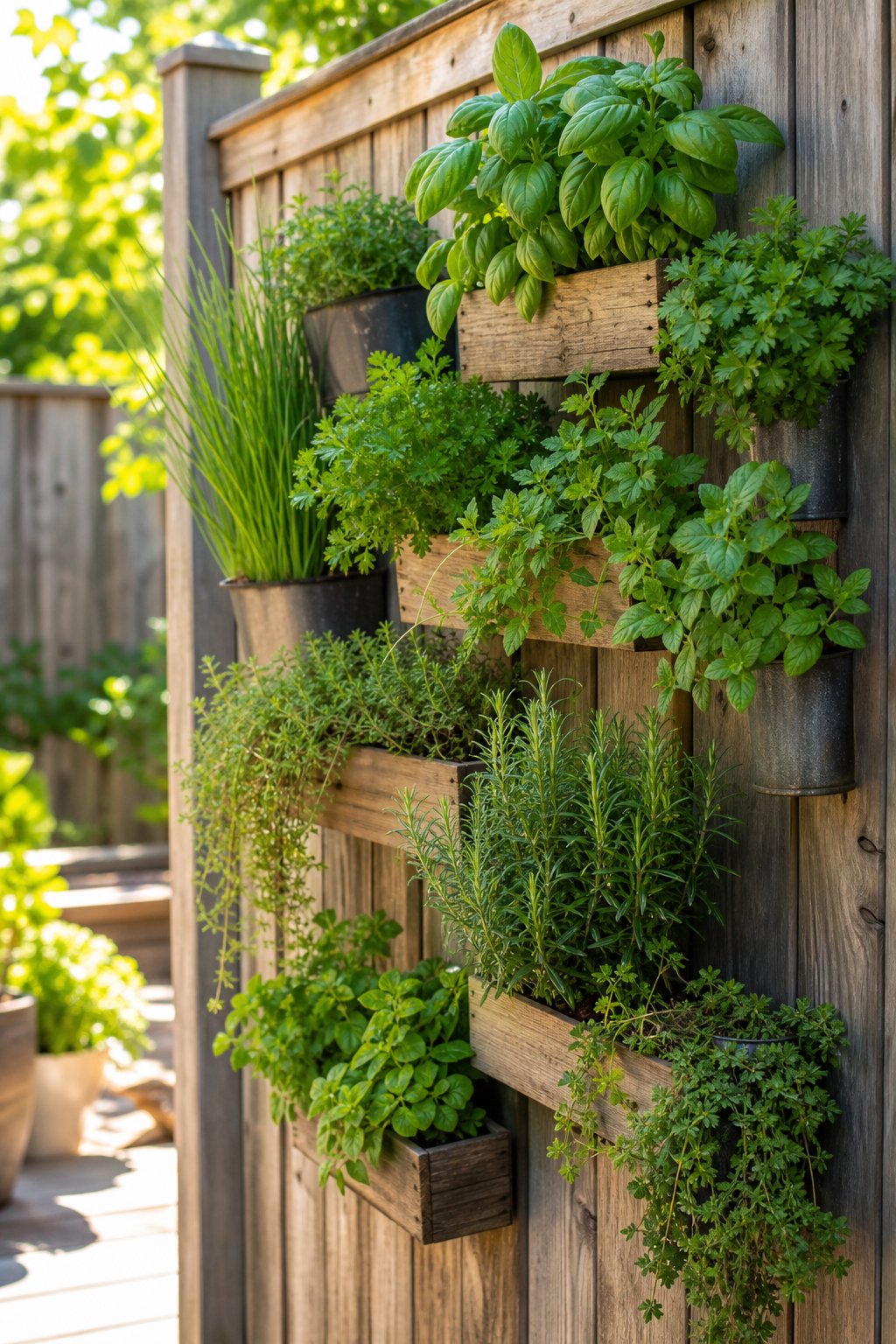 A vertical herb garden with green herbs growing in planters mounted on a backyard wooden fence.