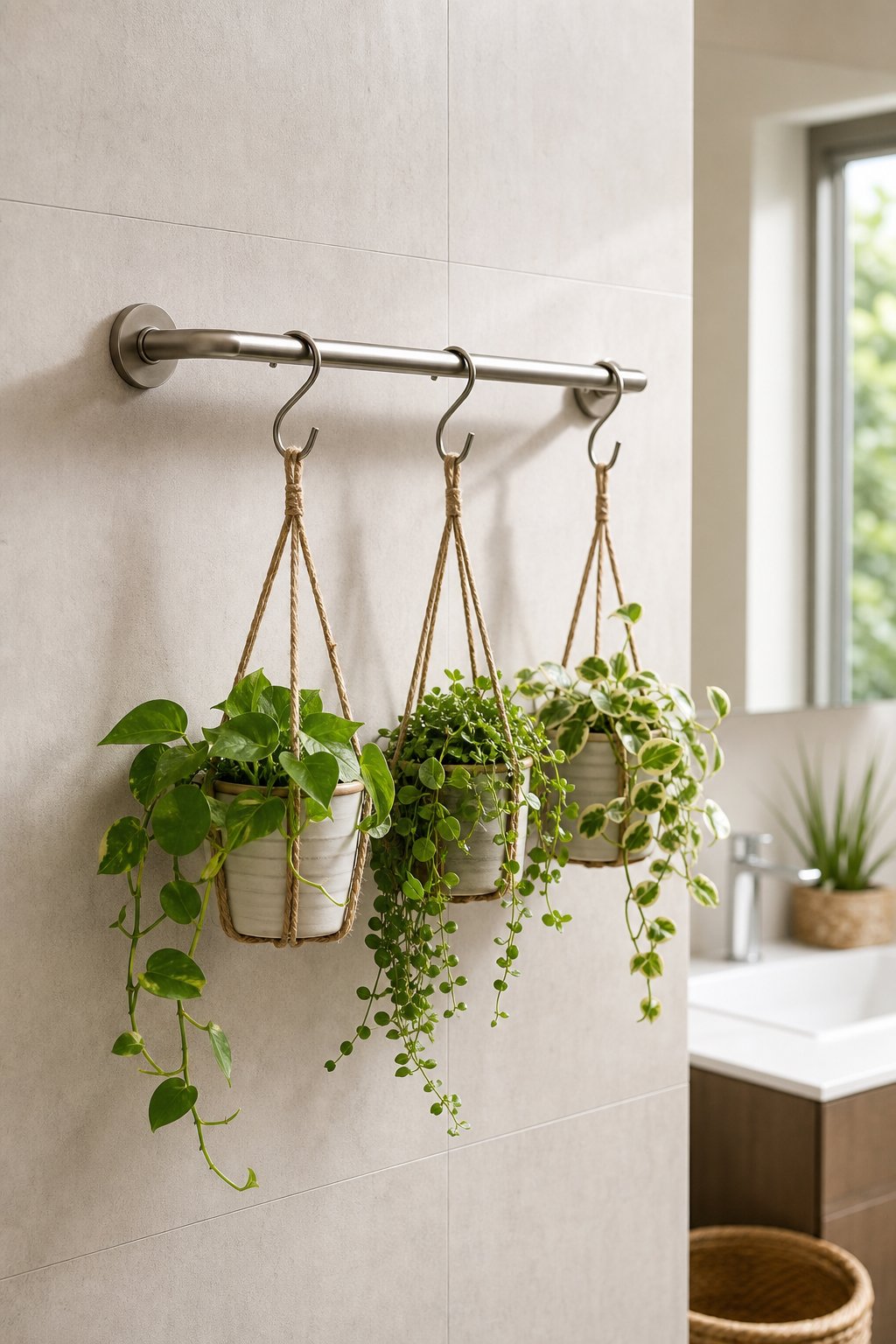 Small green plants hanging from S-hooks on an indoor towel bar.