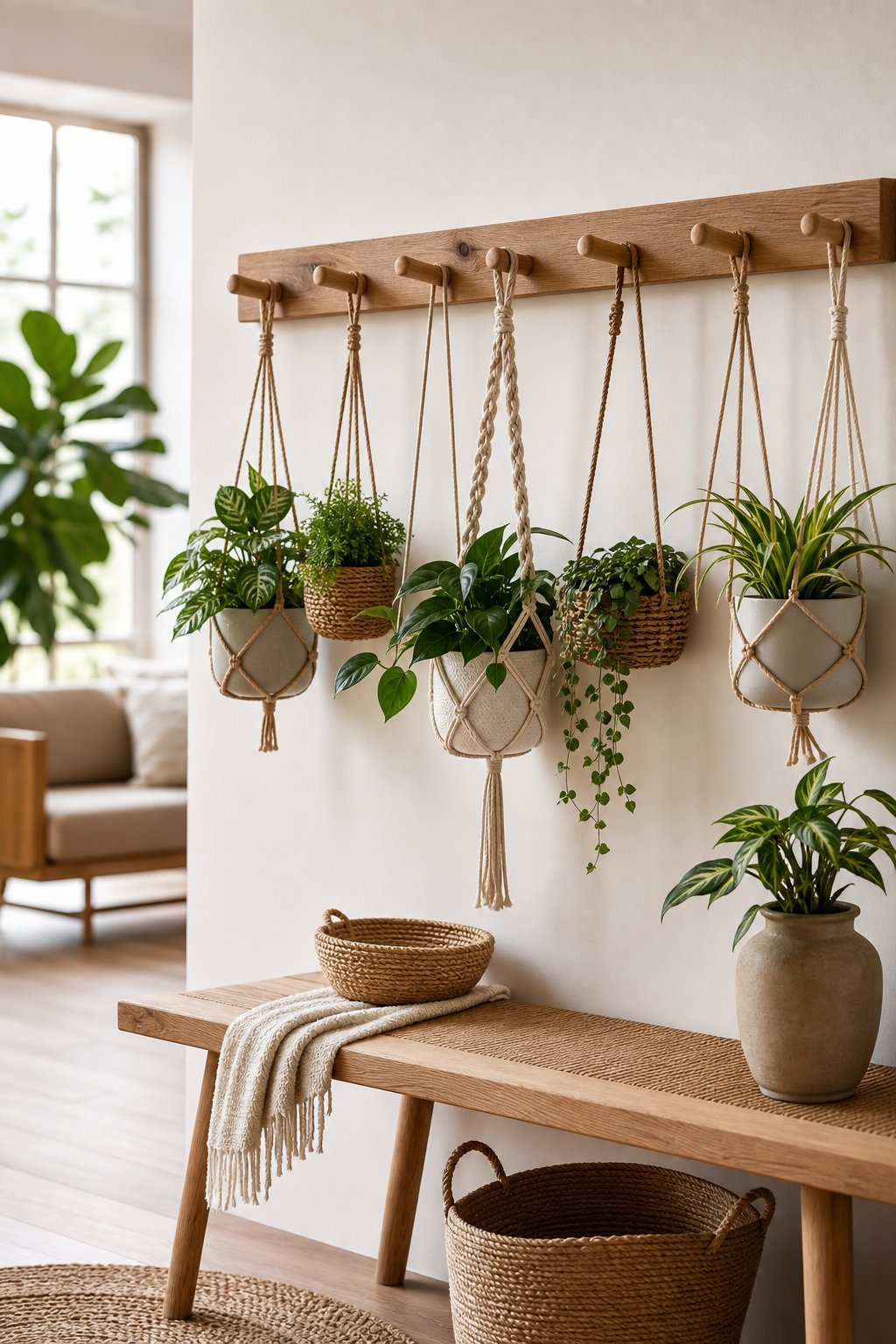Indoor plants hanging from a decorative wooden peg rail on a warm neutral wall.