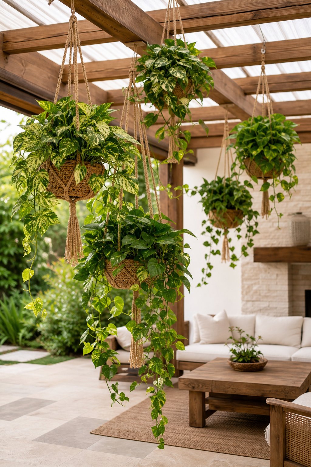 Lush pothos plants hang in macramé baskets beneath a covered pergola.