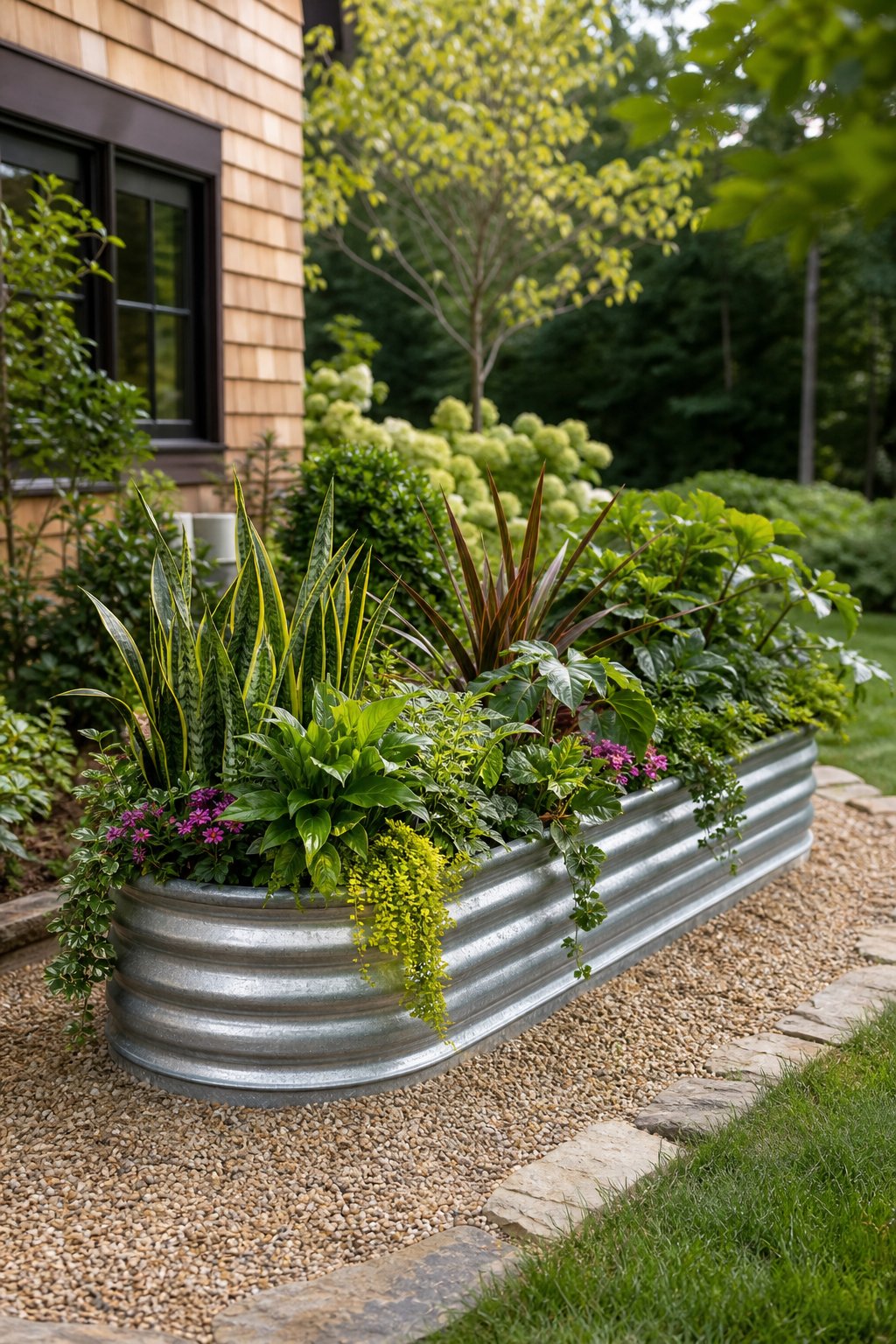 A galvanized metal trough filled with green plants beside a garden path.