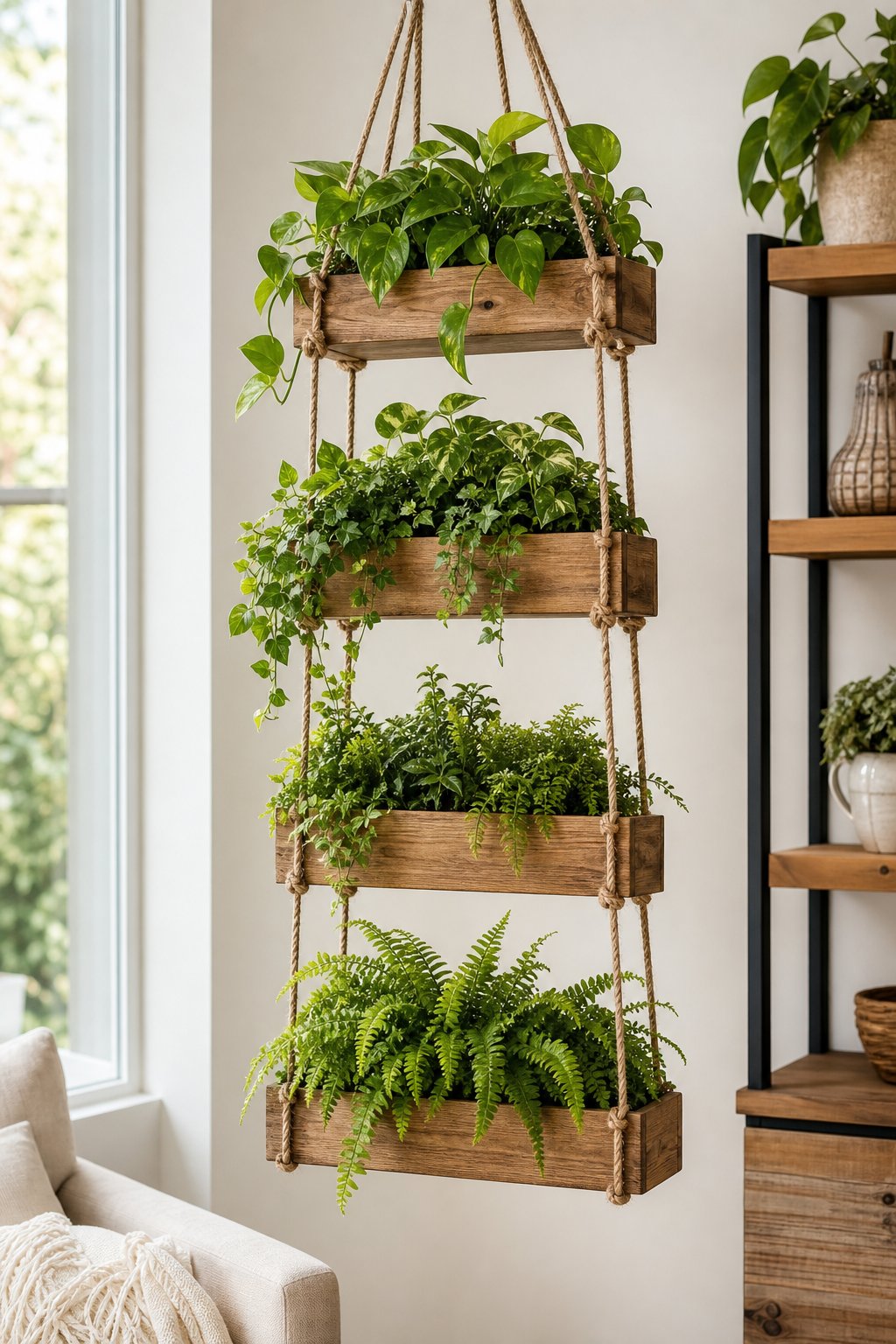 Tiered wooden hanging planter with rope and lush green houseplants displayed indoors near a bright window.