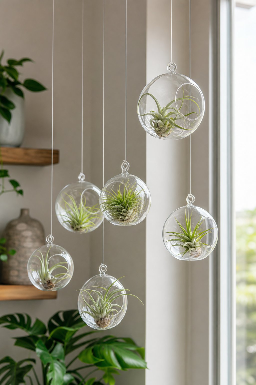 Hanging glass globe terrariums hold air plants near a bright indoor window.