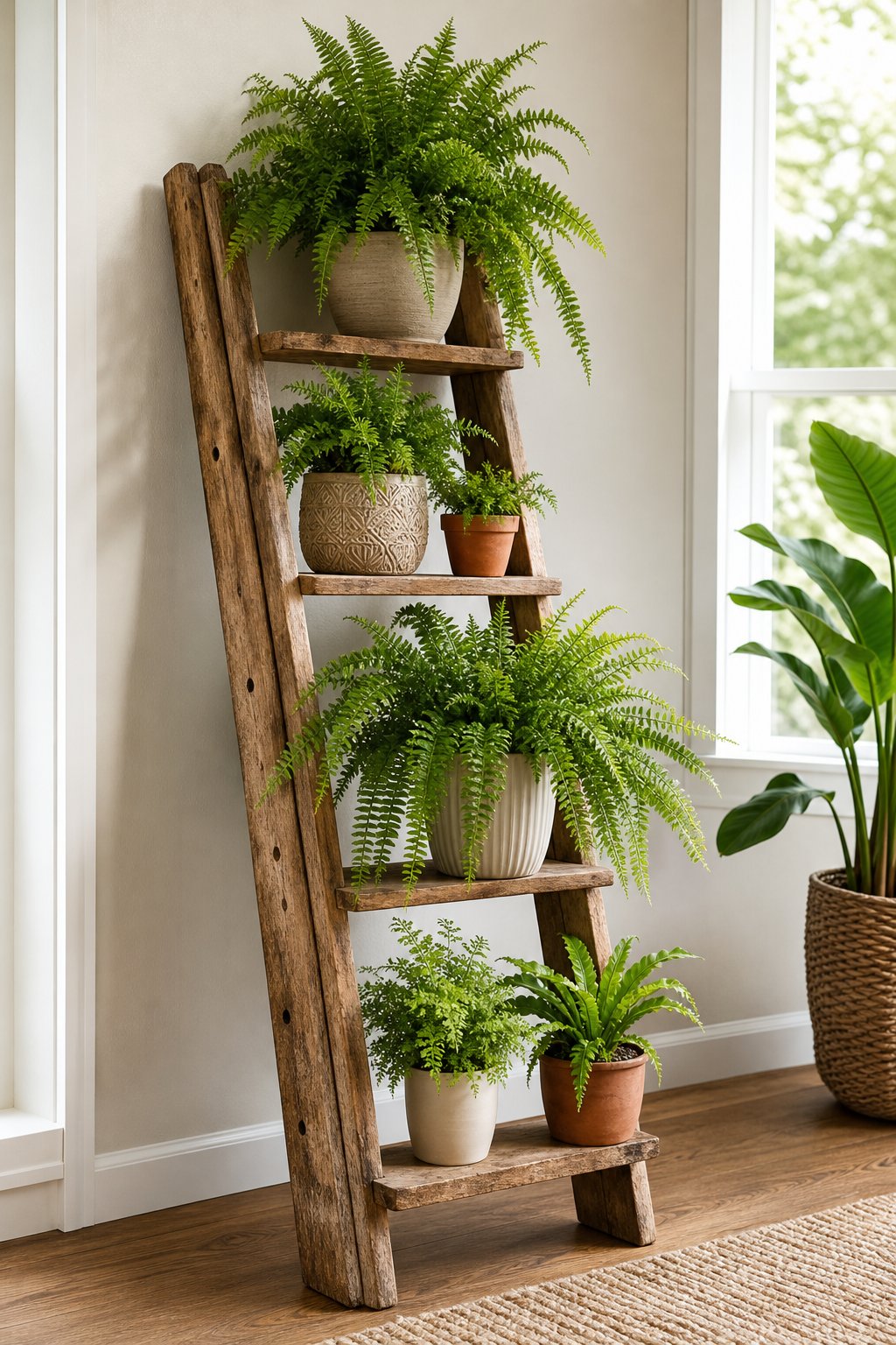 A wooden ladder holding several potted green ferns in a bright indoor space.