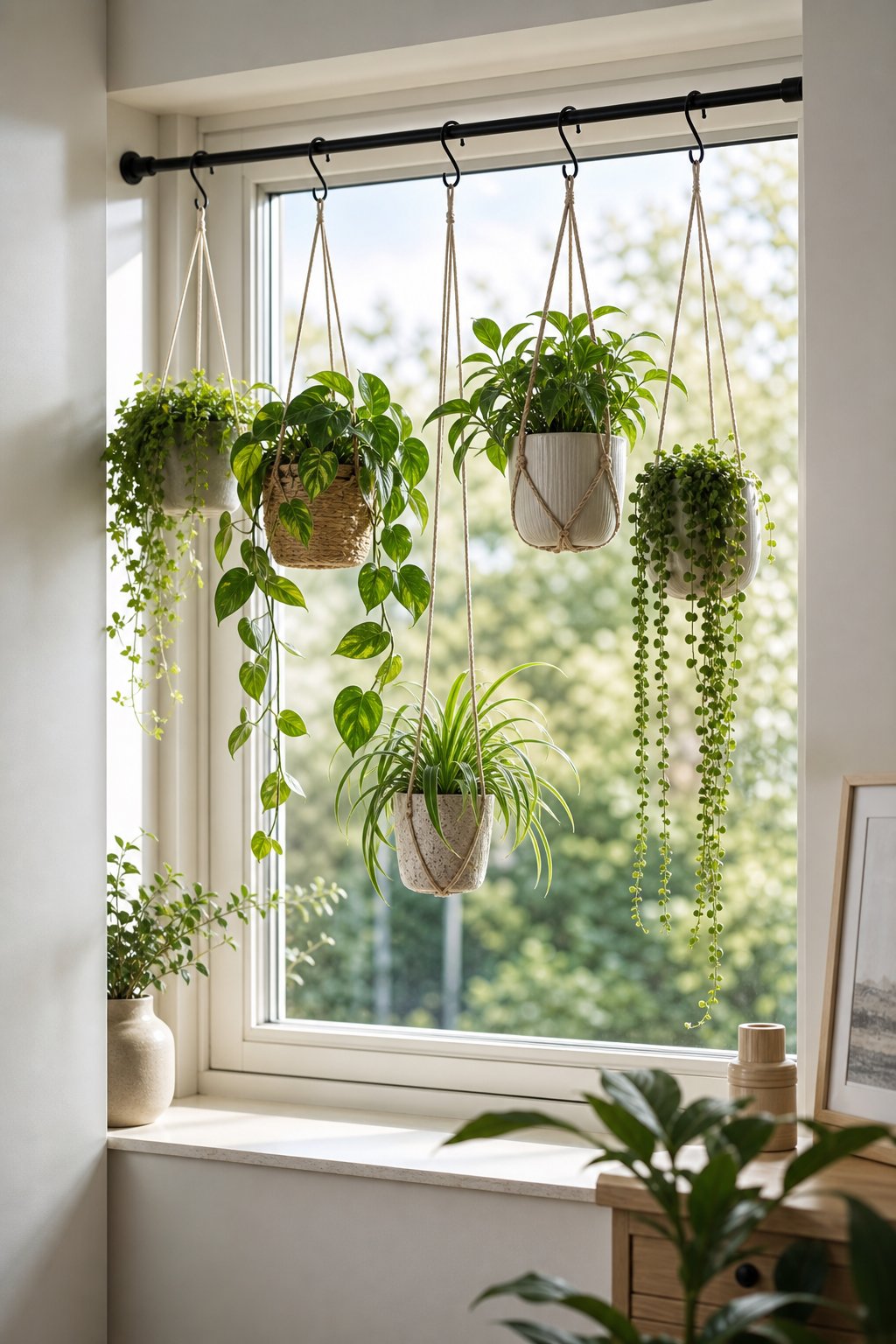 Hanging potted plants arranged on a tension rod inside a bright window.