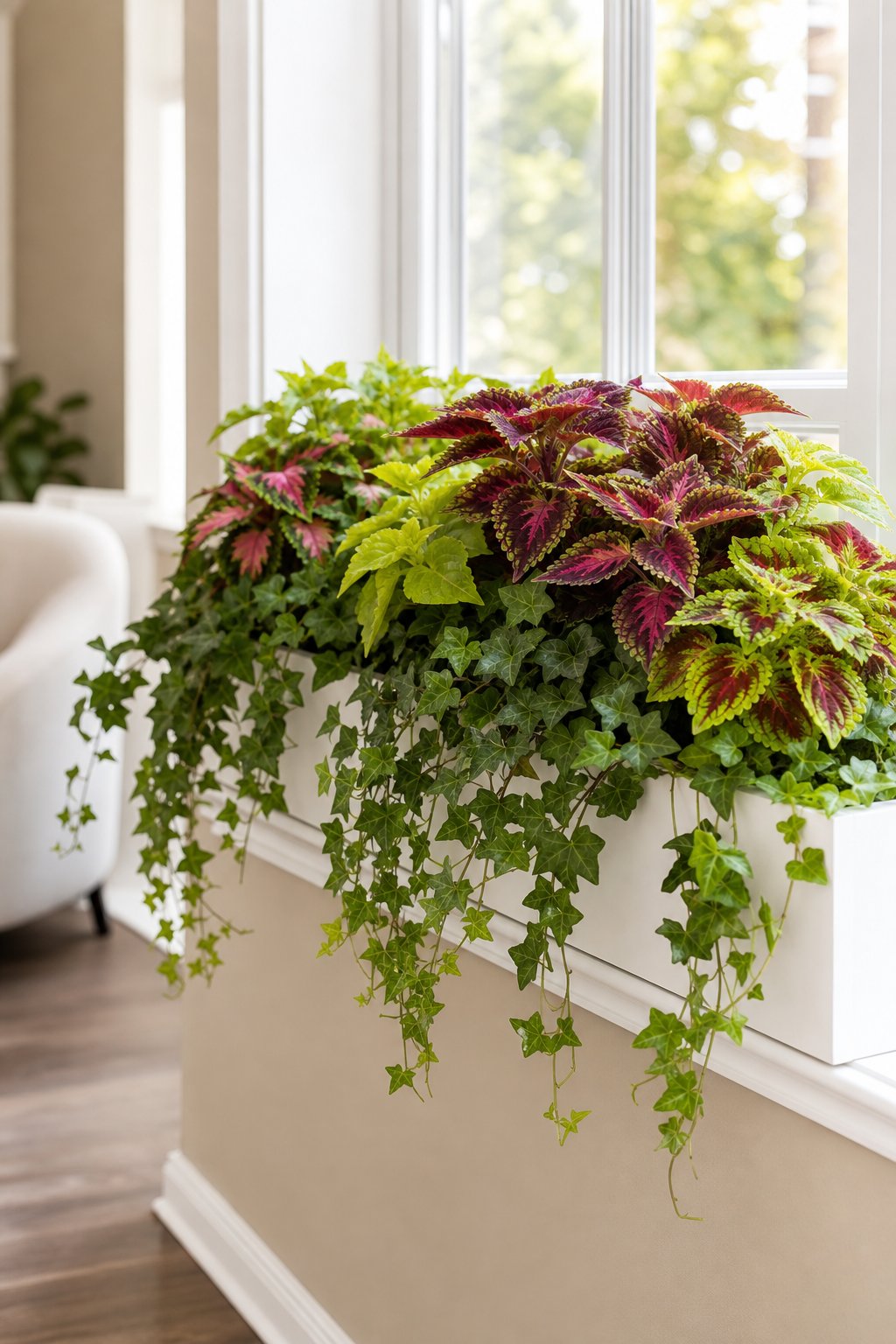 A window box filled with trailing ivy and colorful coleus plants on a bright windowsill.