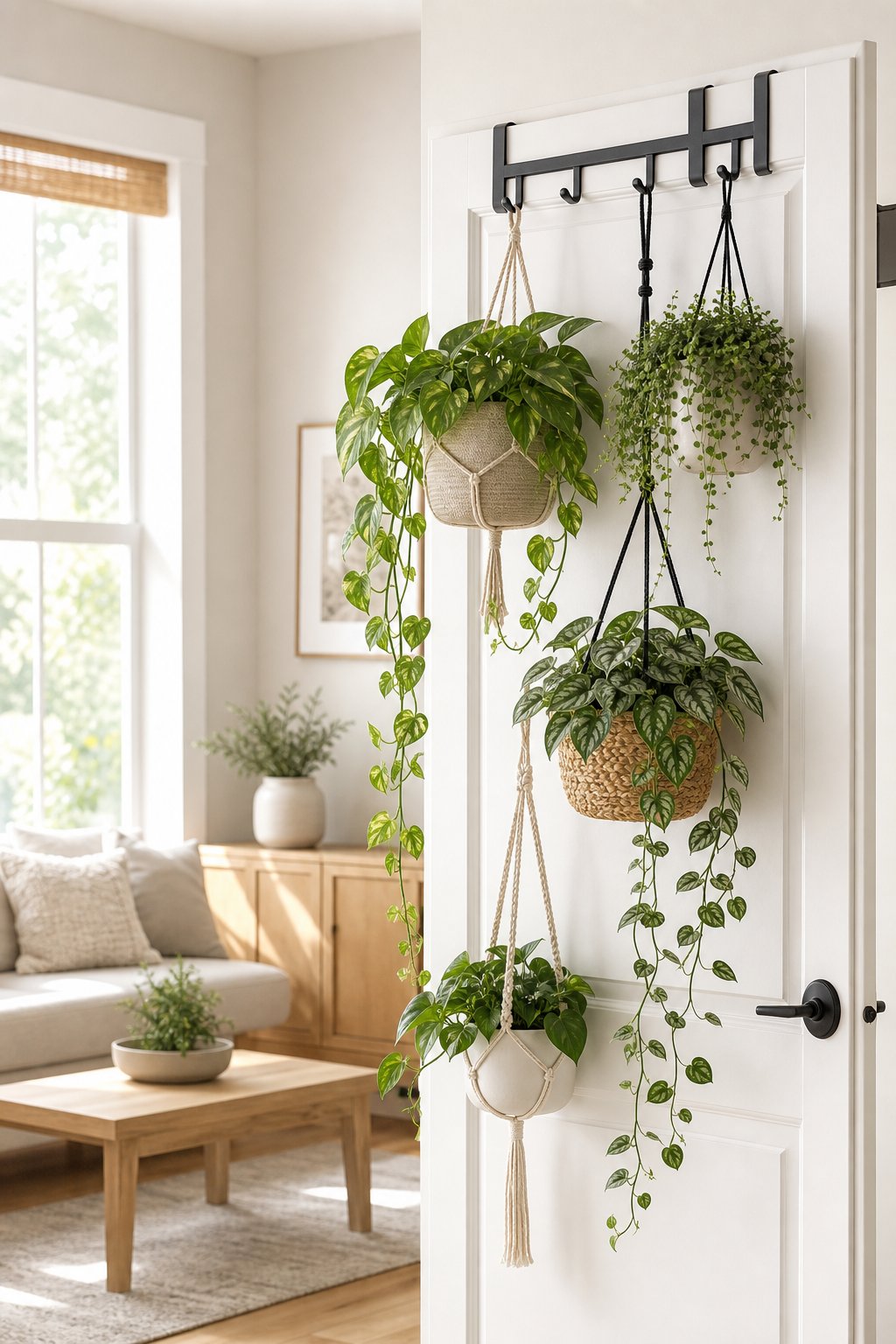 A bright room with several leafy plants hanging from an over-the-door rack.