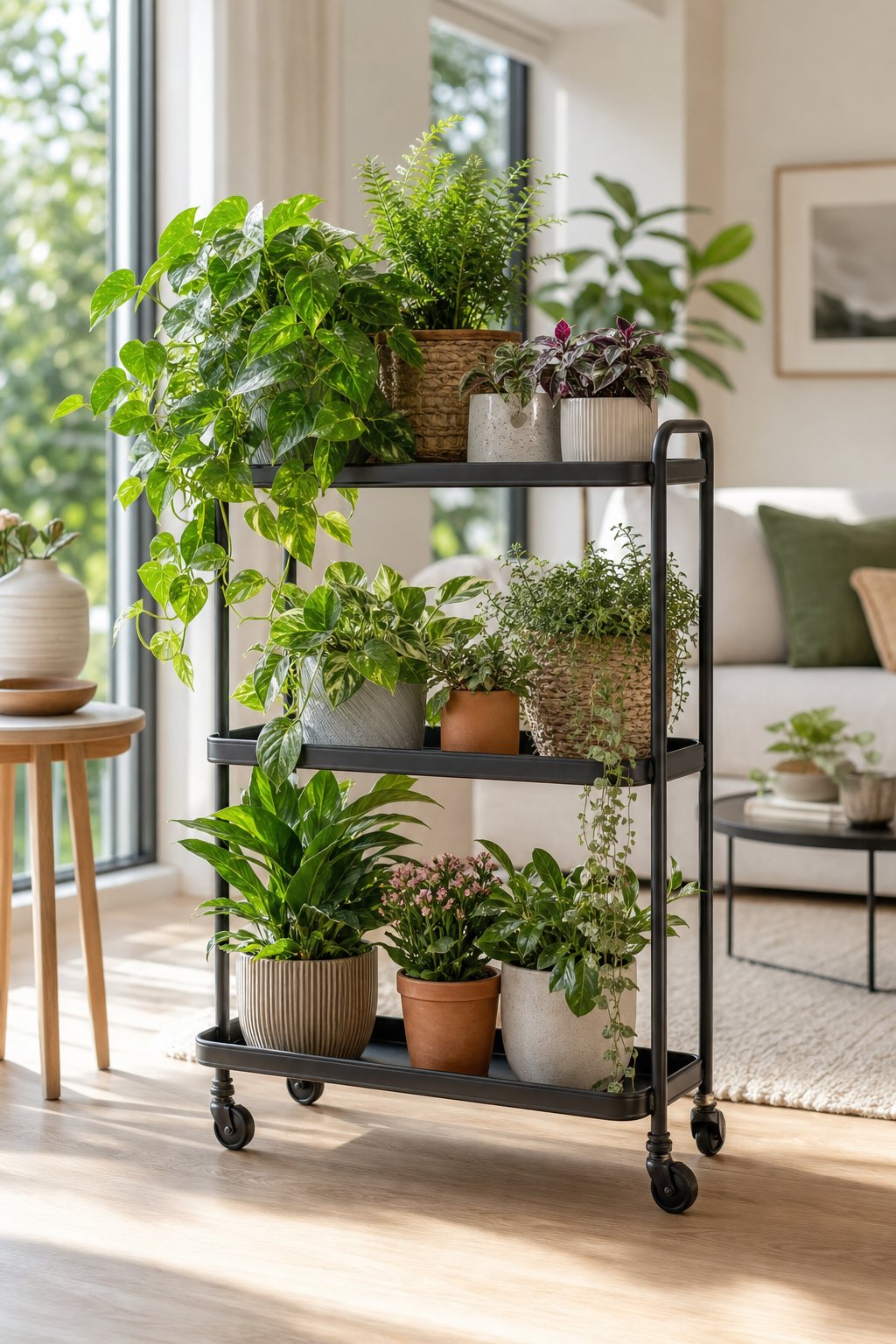 A rolling bar cart filled with potted houseplants beside a bright window.