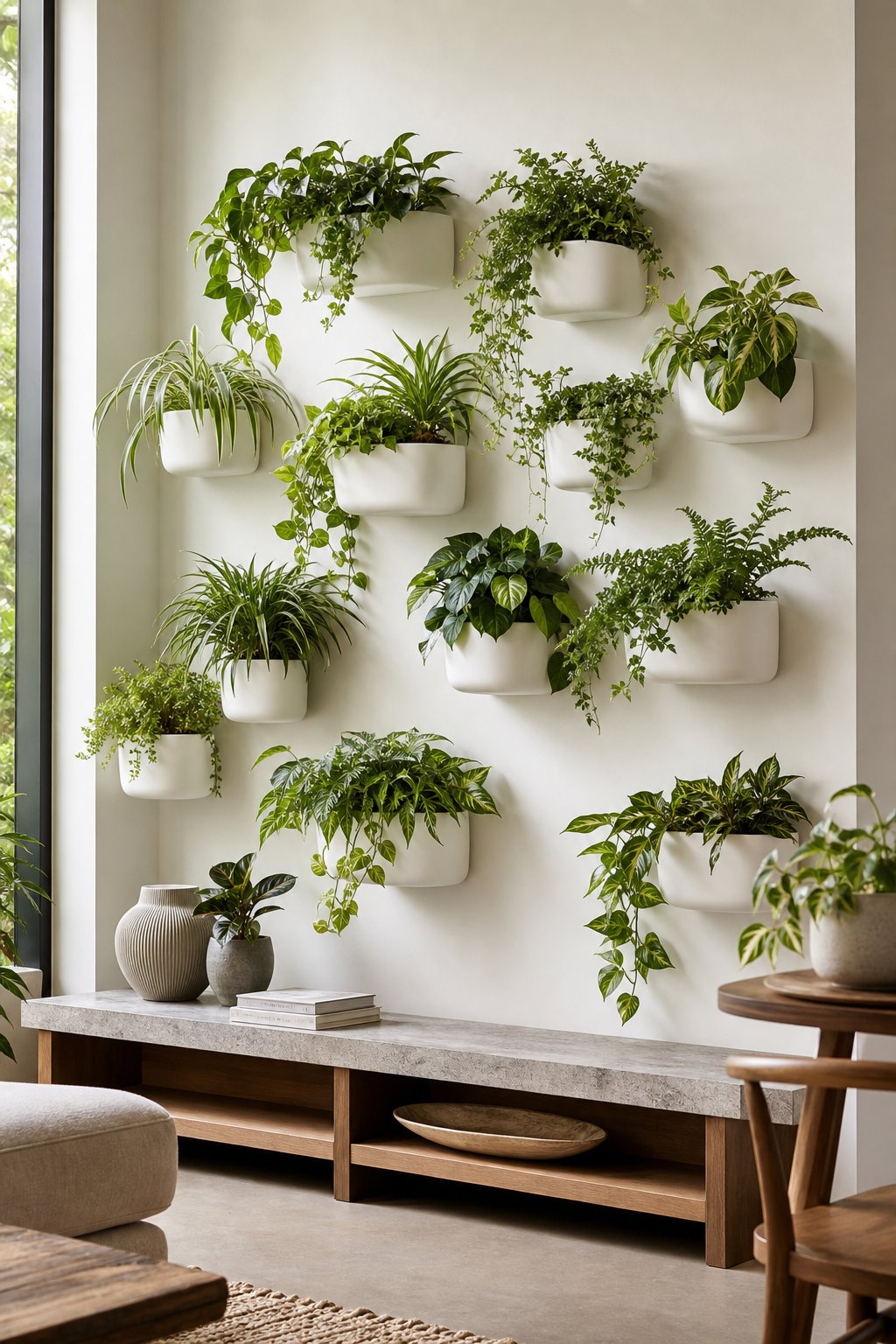 White wall planters filled with green plants form a seamless indoor living wall.