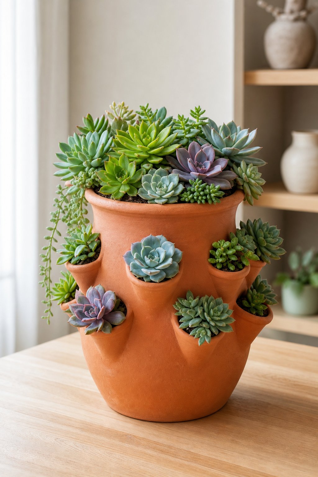 A terracotta strawberry jar filled with green succulents sits on a wooden tabletop indoors.