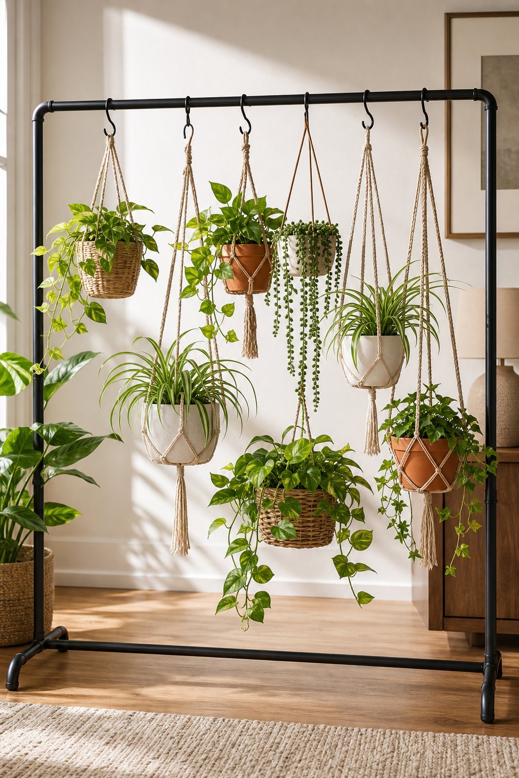 Hanging potted plants arranged on a freestanding clothing rack in a bright indoor room.