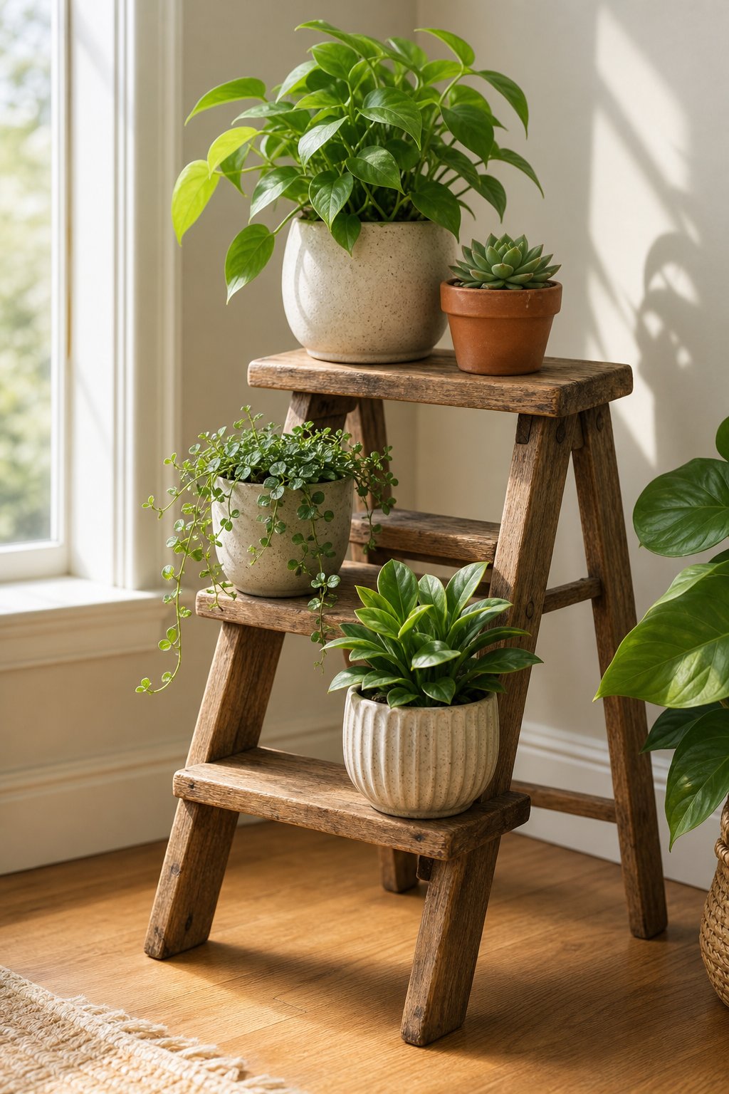 A vintage wooden step stool displaying several small potted houseplants in a bright room.