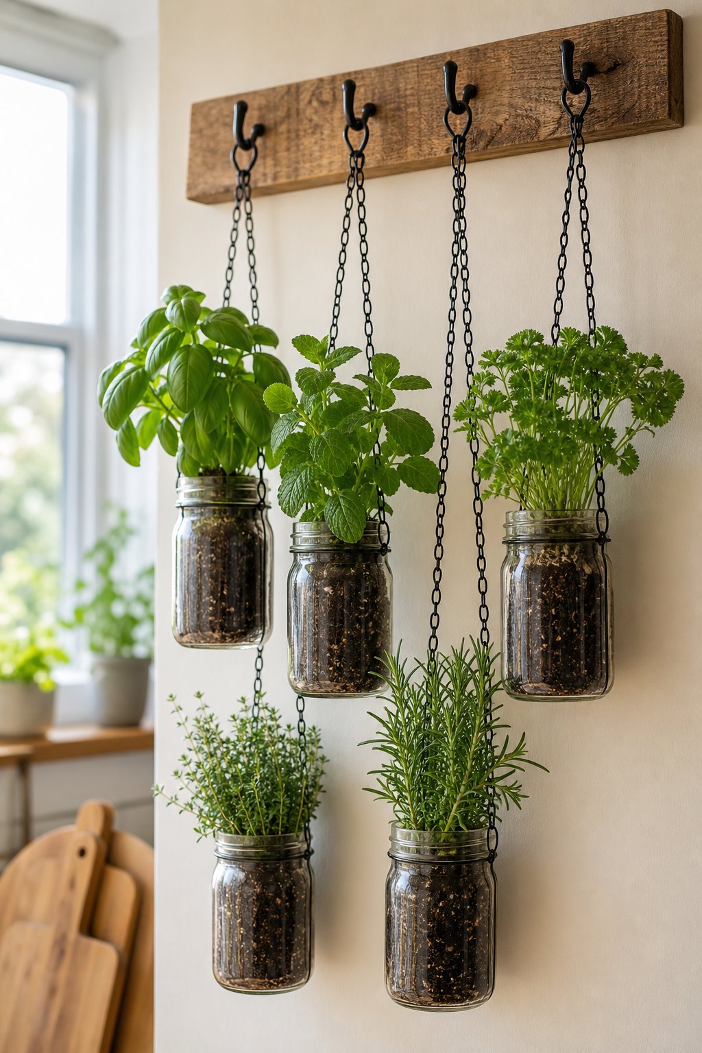 Hanging mason jar planters filled with fresh herbs in a bright indoor kitchen.