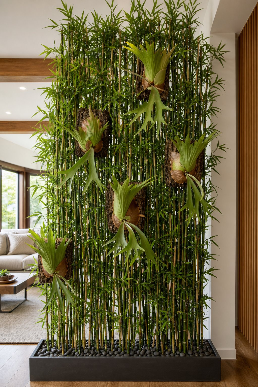 A bamboo plant screen displaying several mounted staghorn ferns in a bright indoor living space.