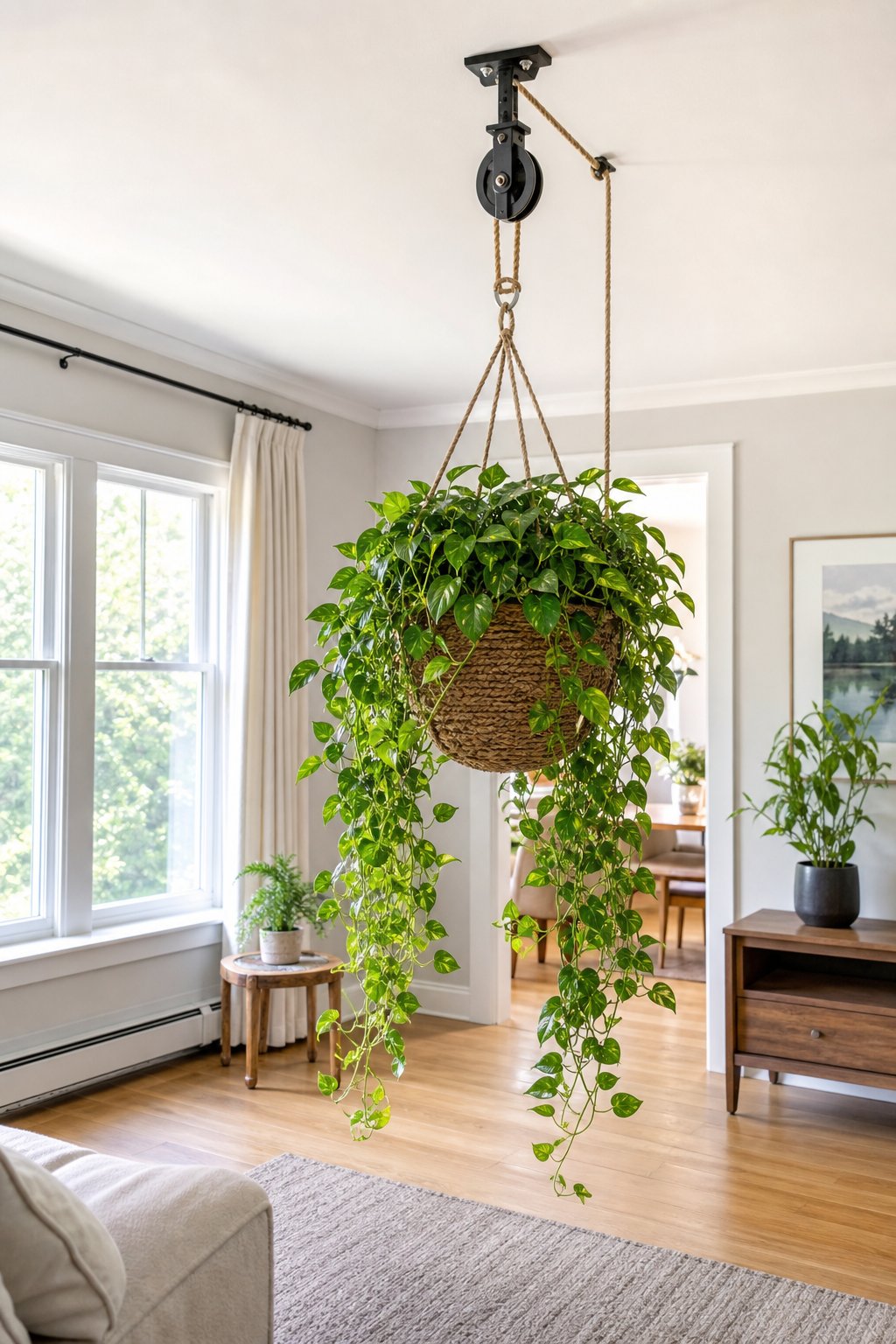 A large cascading houseplant hangs indoors from a ceiling-mounted pulley and hook system.