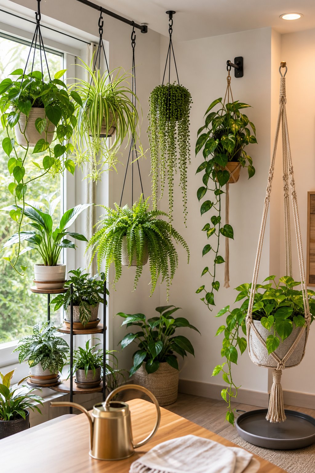 Hanging houseplants arranged safely in a bright, modern living room with watering supplies and drip trays.