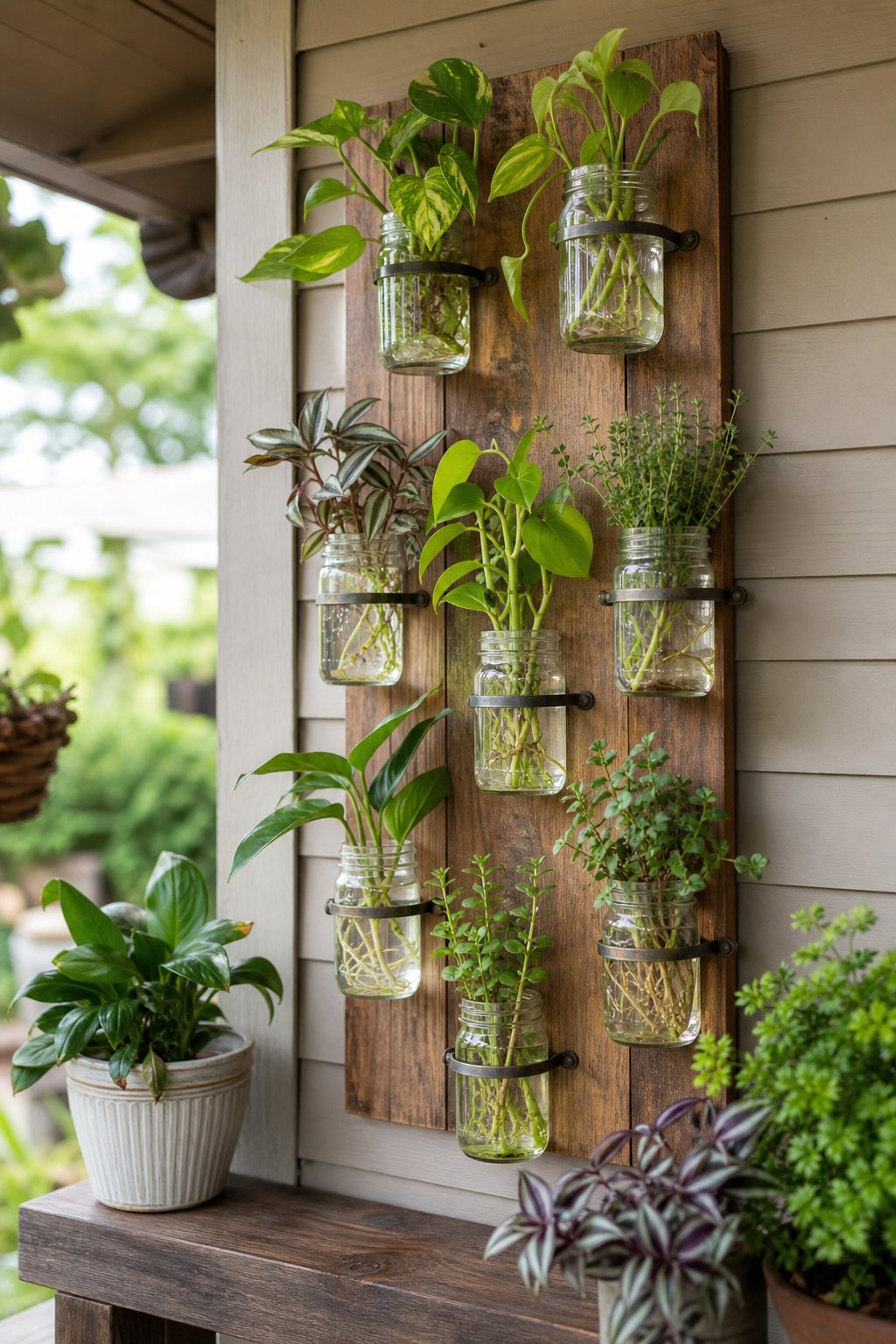 A wall-mounted arrangement of mason jars holding green plant cuttings on a sheltered porch.