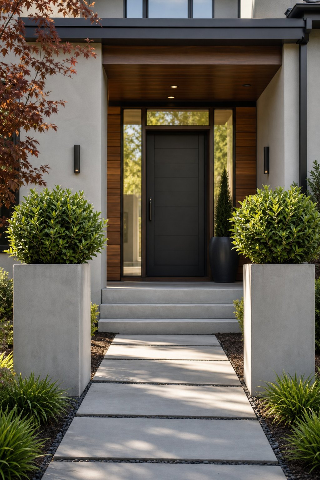 A modern front entrance framed by two concrete pedestal planters filled with green plants.
