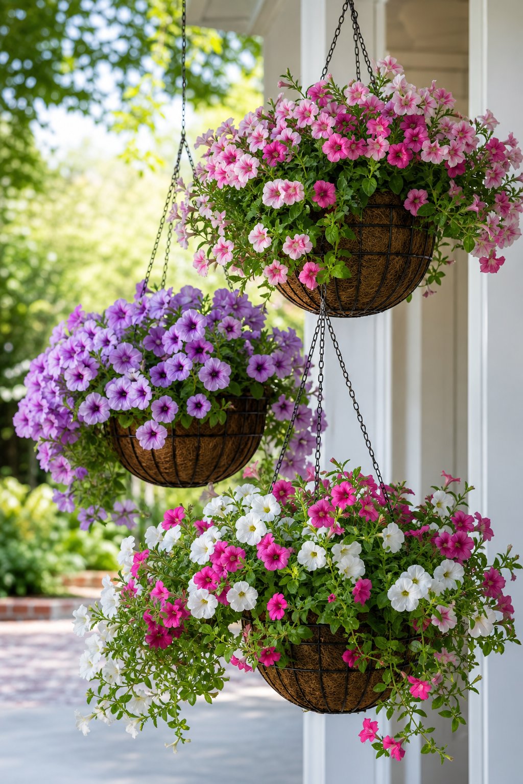 Wire baskets filled with blooming petunias hang at different heights, with colorful flowers cascading over the edges.
