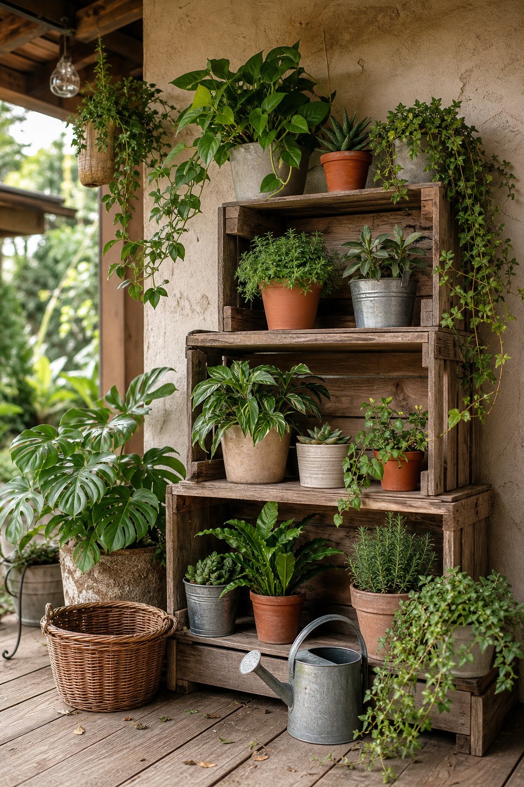 A wooden crate shelf displays assorted potted houseplants in a covered garden nook.