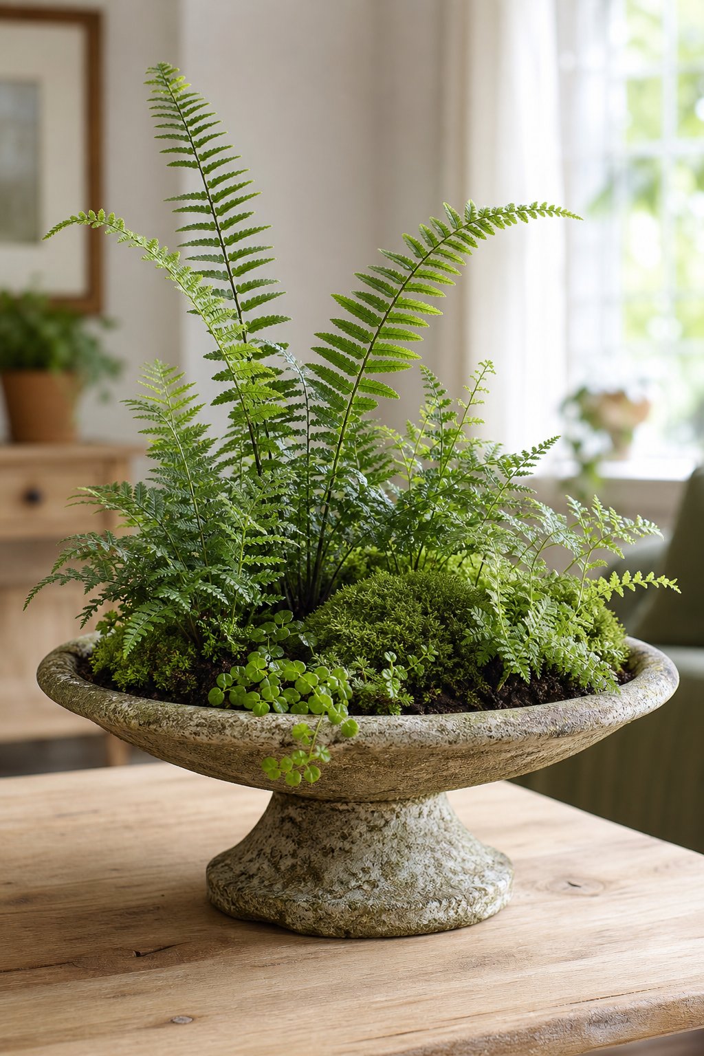 A stone birdbath bowl filled with moss and small ferns sits on a table indoors.