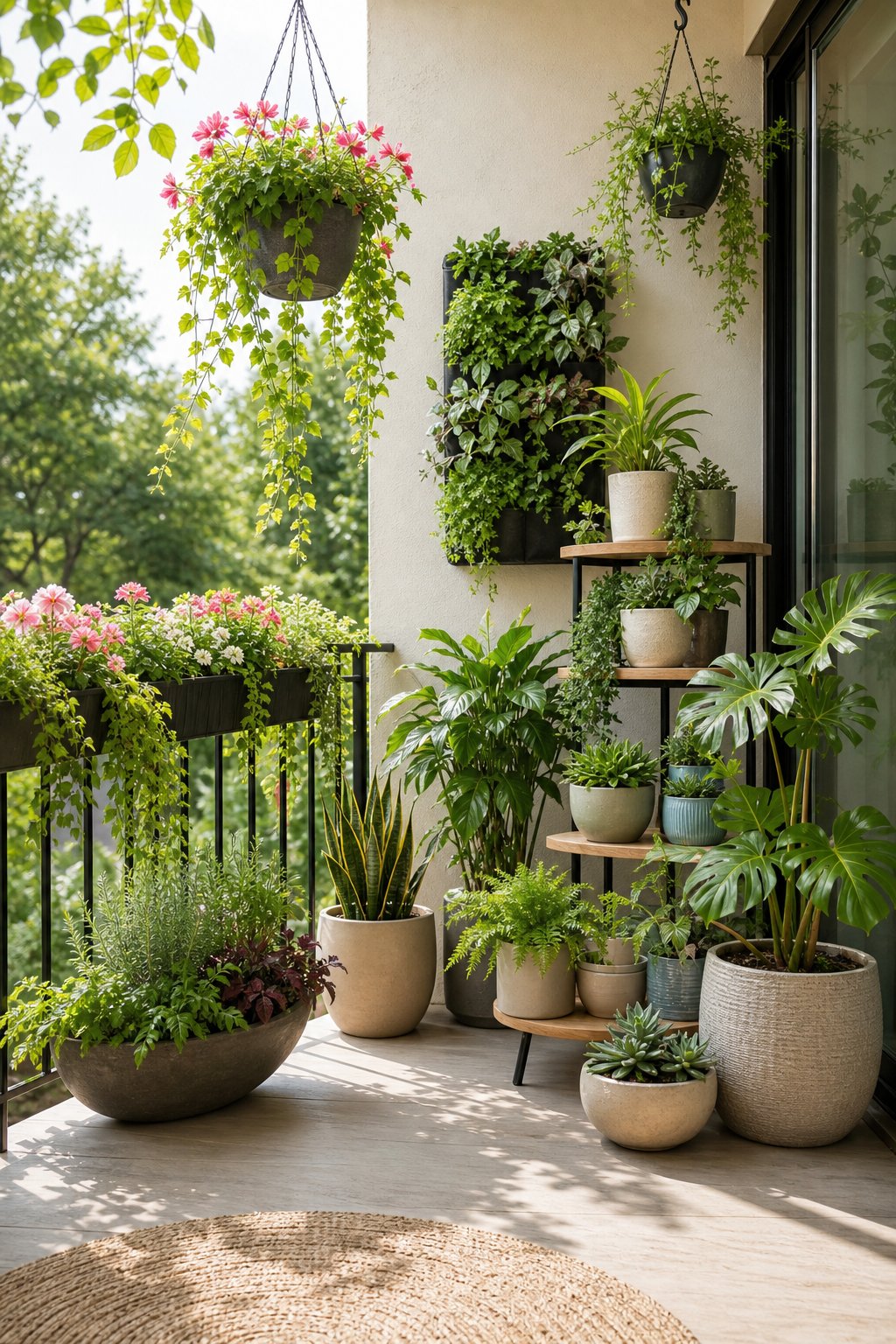 A sunny outdoor patio displaying a variety of potted, hanging, and tiered houseplants.