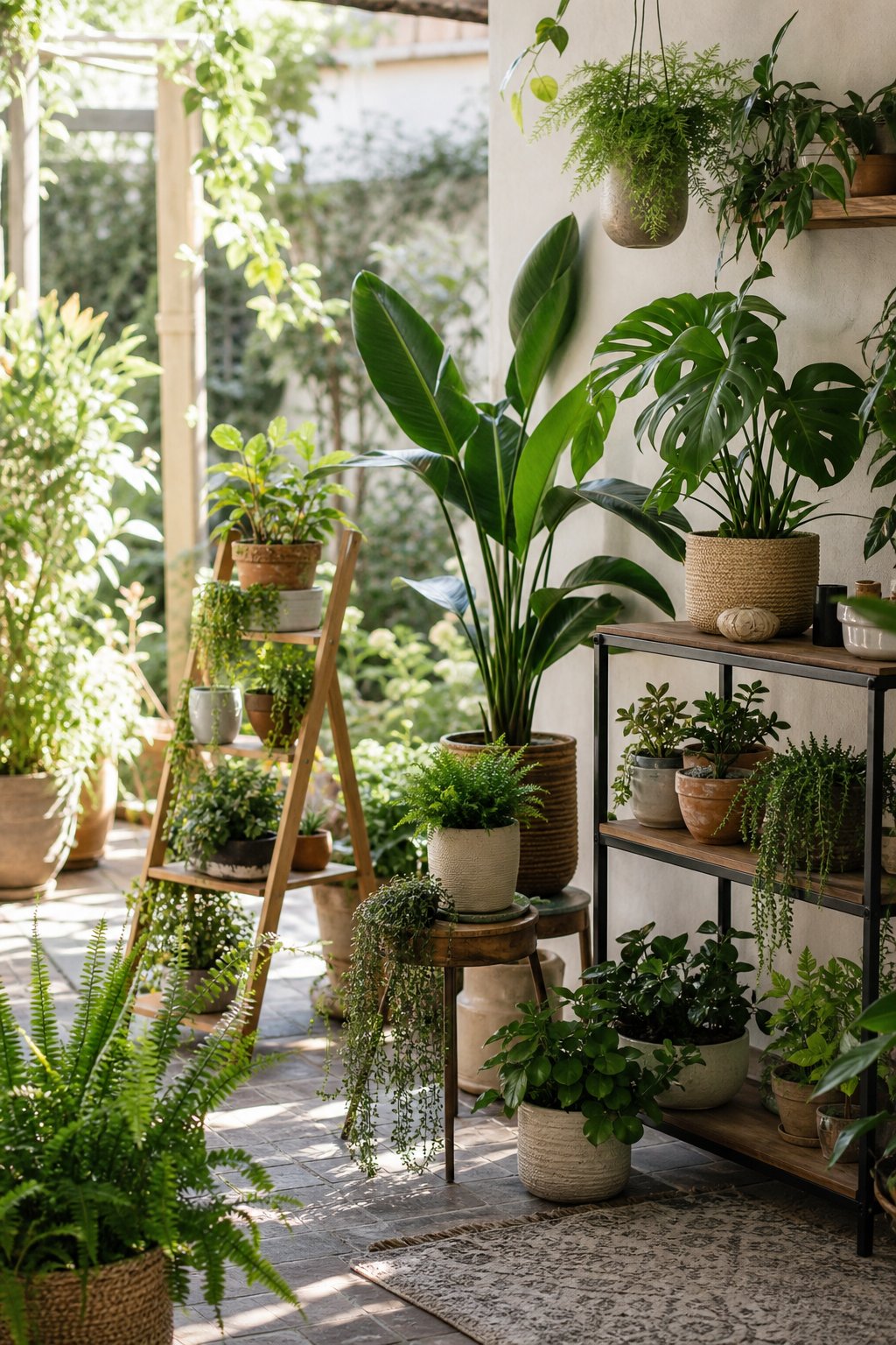 A sunny garden display area filled with healthy houseplants arranged on shelves, stands, and in baskets.