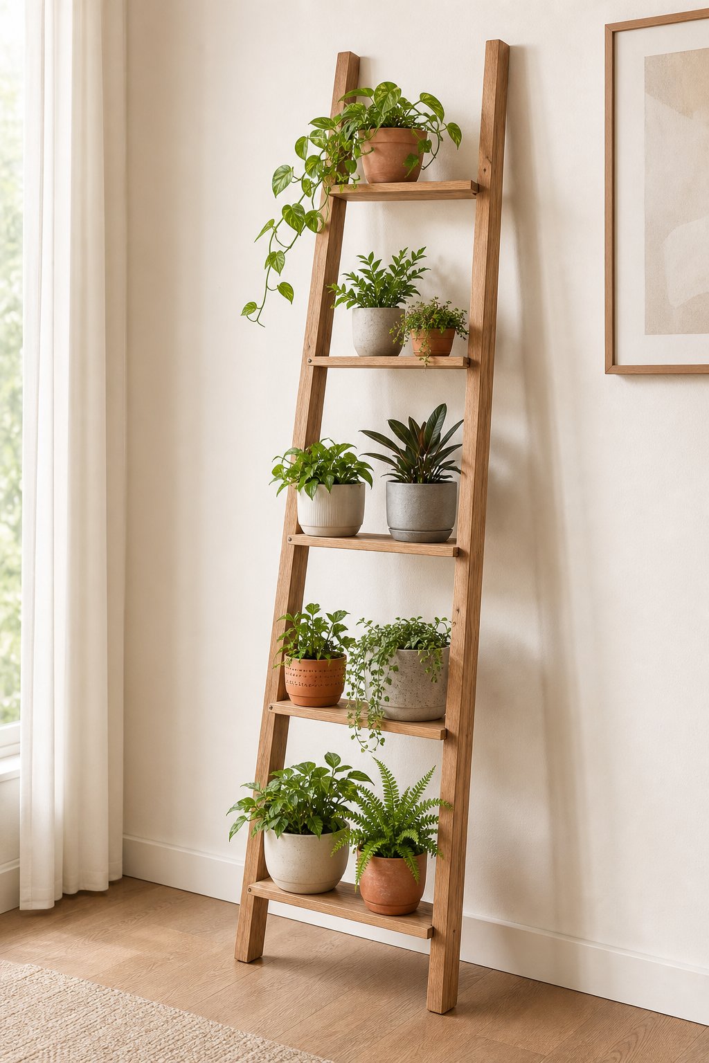 A wooden ladder leaning against a wall and displaying several potted green plants.