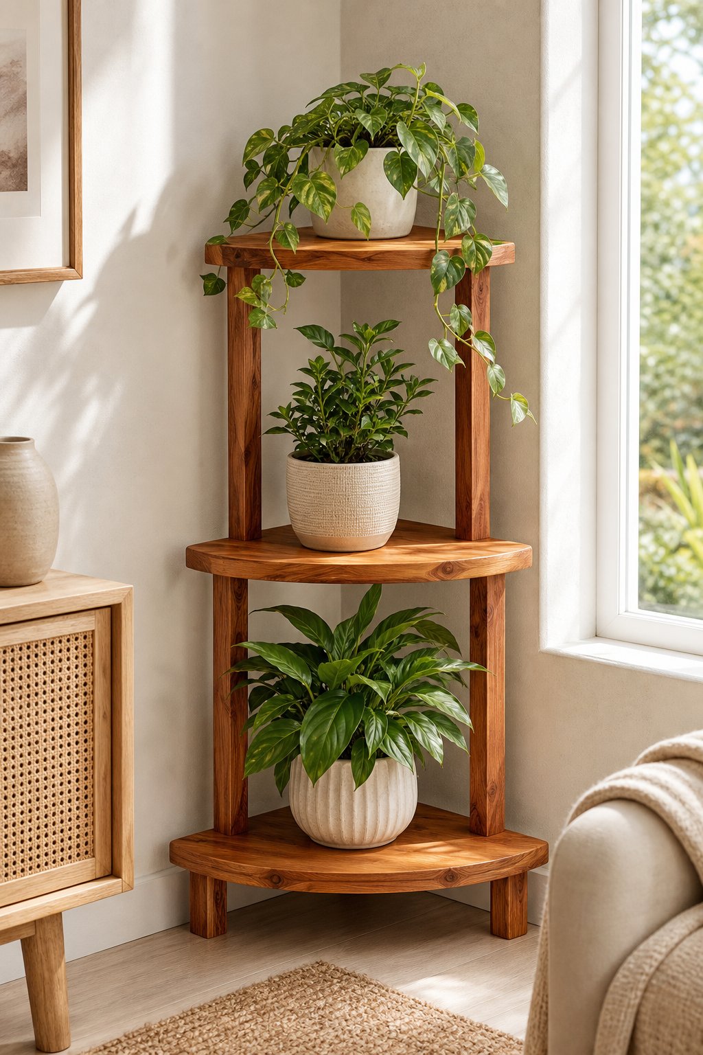 A three-tier cedar corner plant stand holding several green potted houseplants in a bright room.