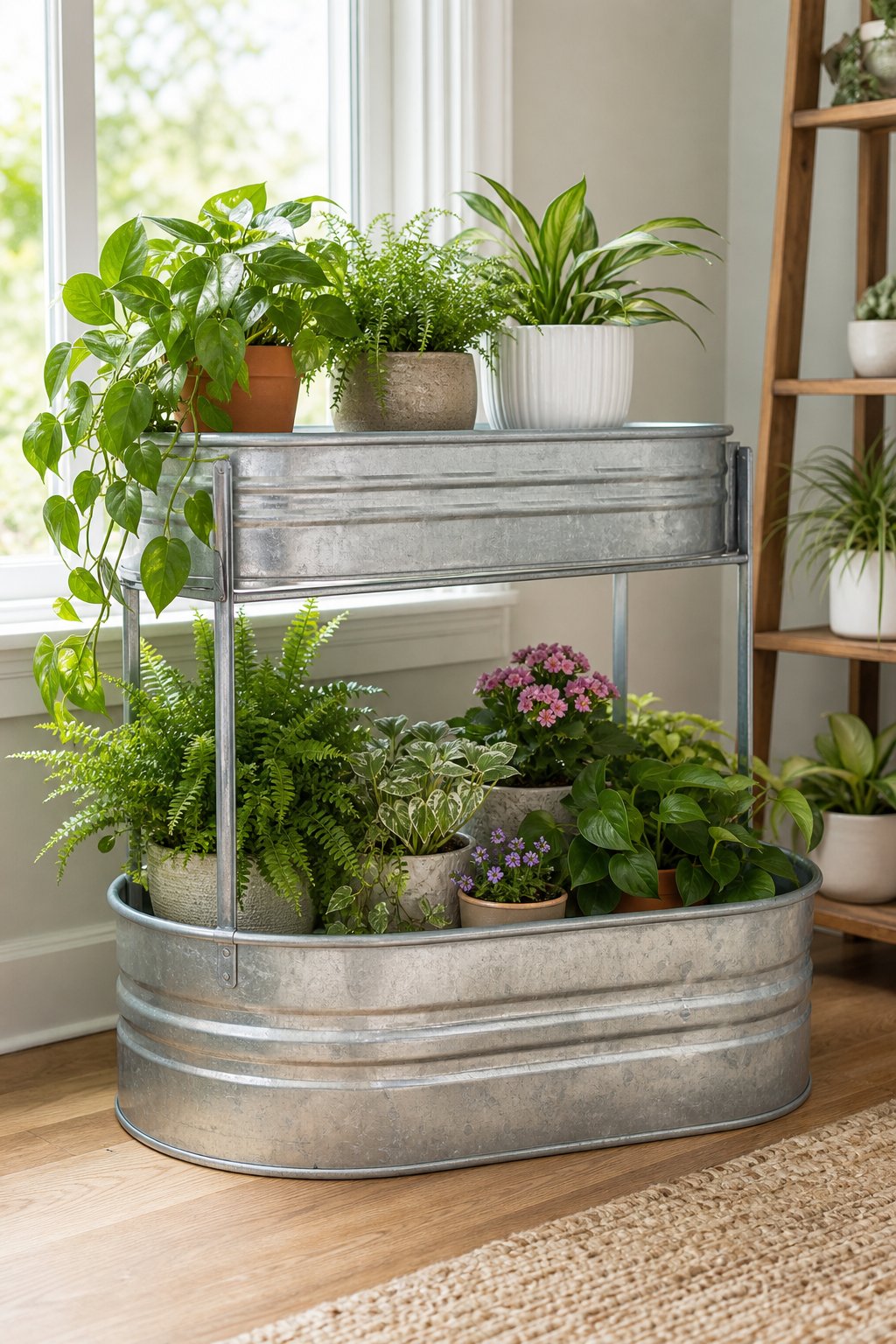 A galvanized stock tank used as a tiered shelf displaying several potted green plants.