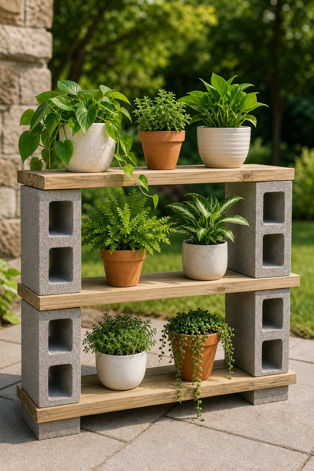 Potted plants arranged on wooden shelves supported by gray cinder blocks outdoors.