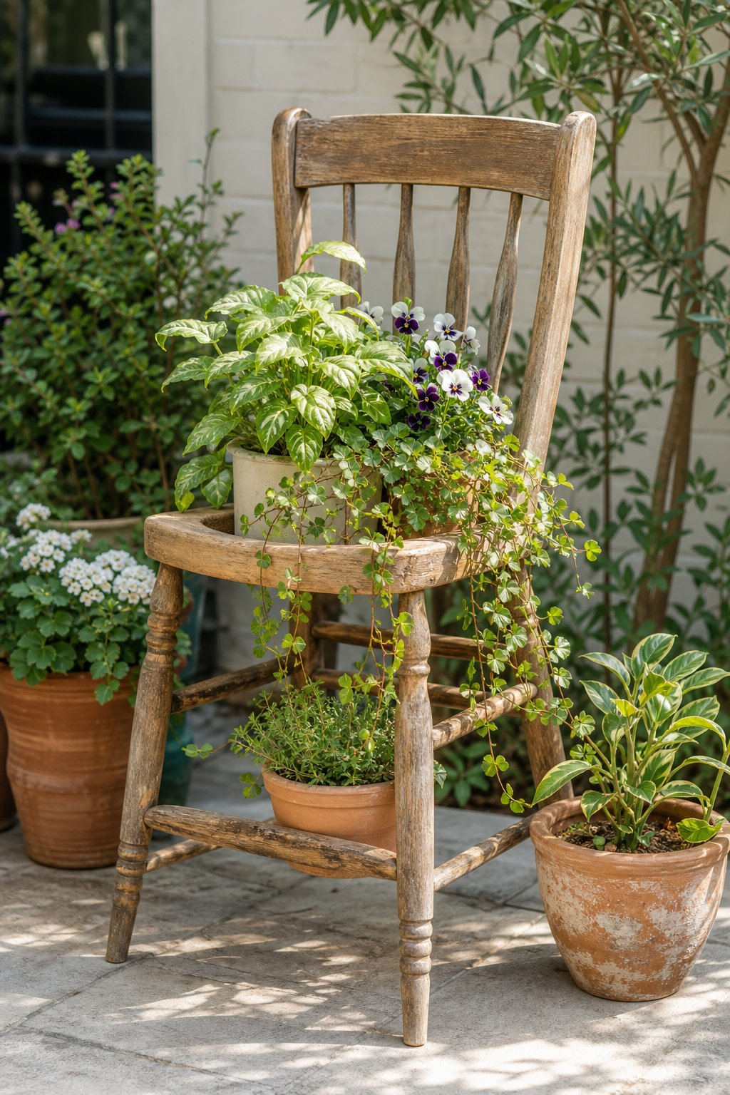 A weathered wooden chair displays several lush potted plants in a bright garden setting.