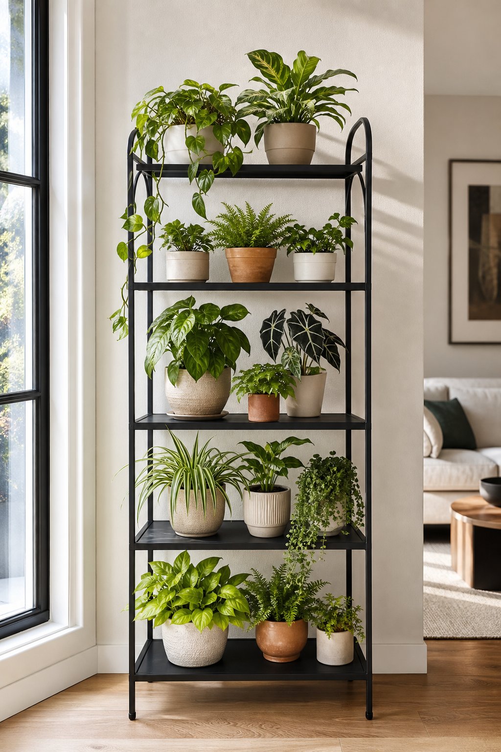 A black metal bakers rack filled with potted green houseplants stands in a bright modern room.