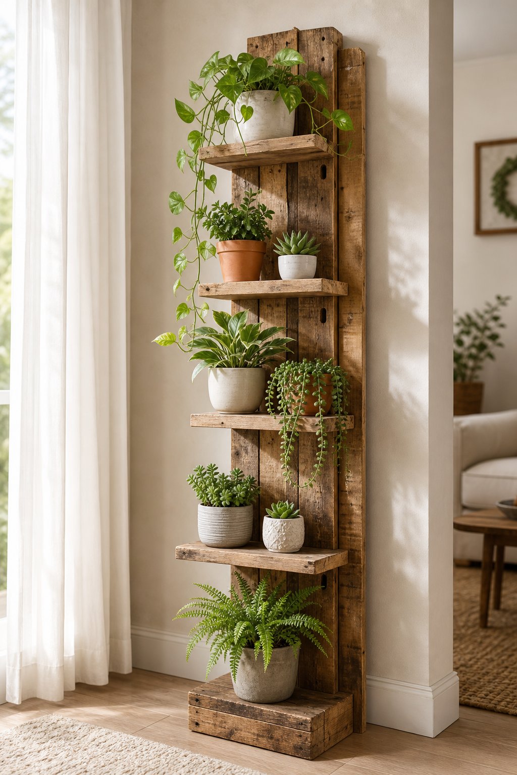 A rustic wooden vertical plant stand displaying several potted green plants beside a bright window.