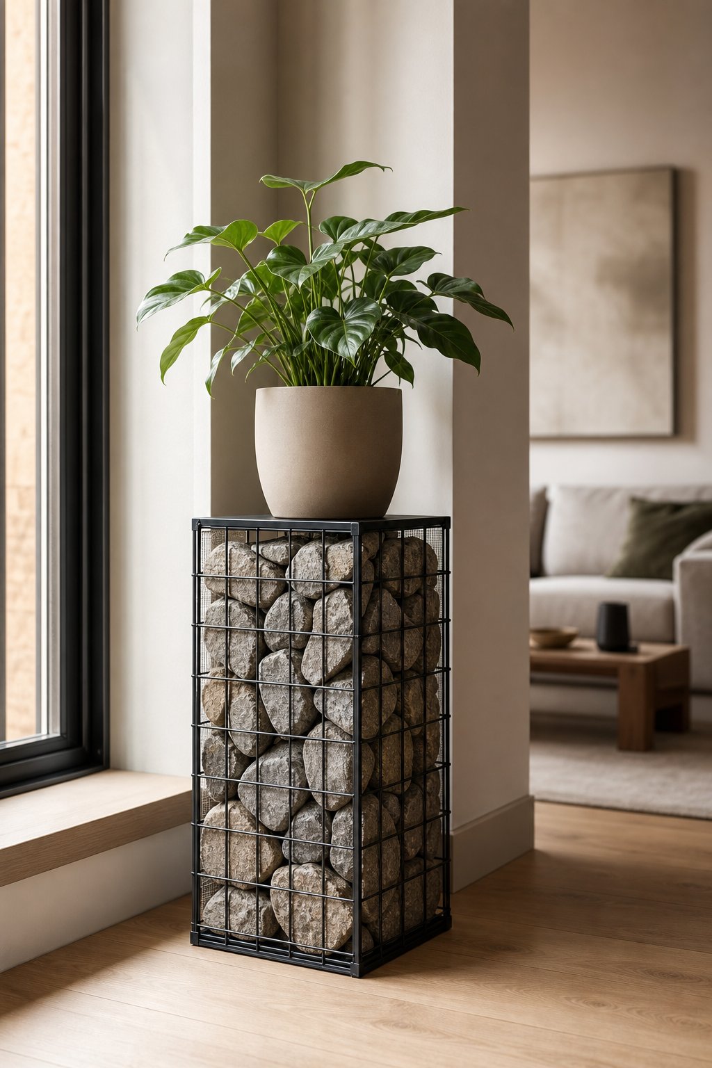 A green houseplant in a ceramic pot sits on a stone-filled wire pedestal in a bright modern room.