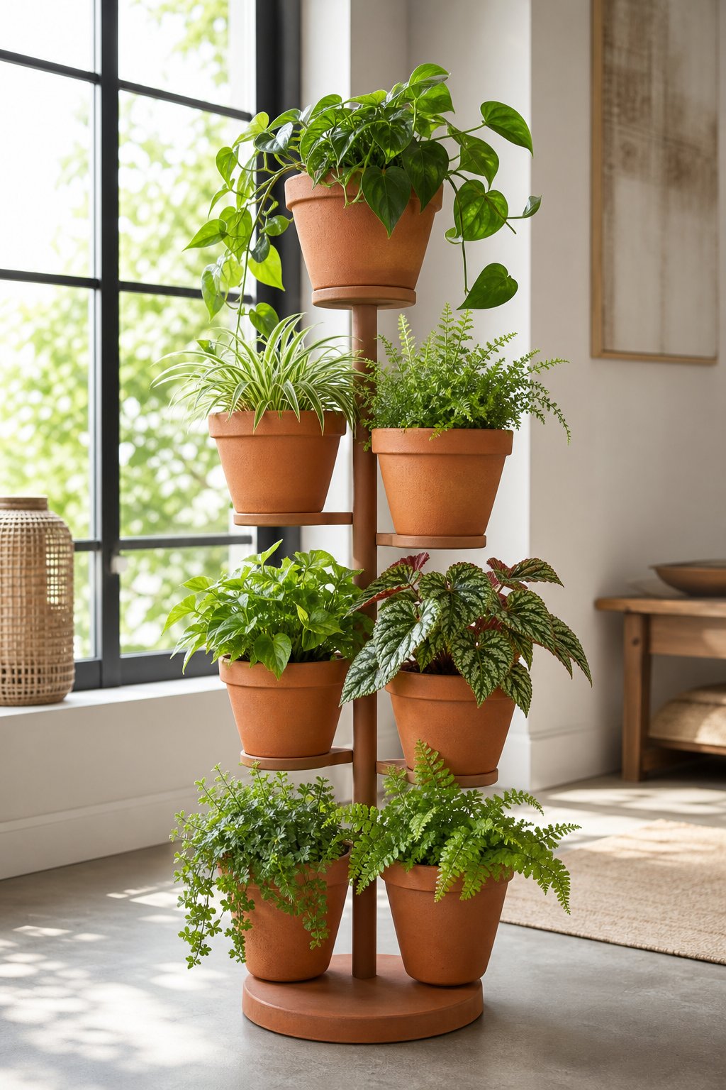A tall stand holding several terra-cotta pots filled with leafy green plants.