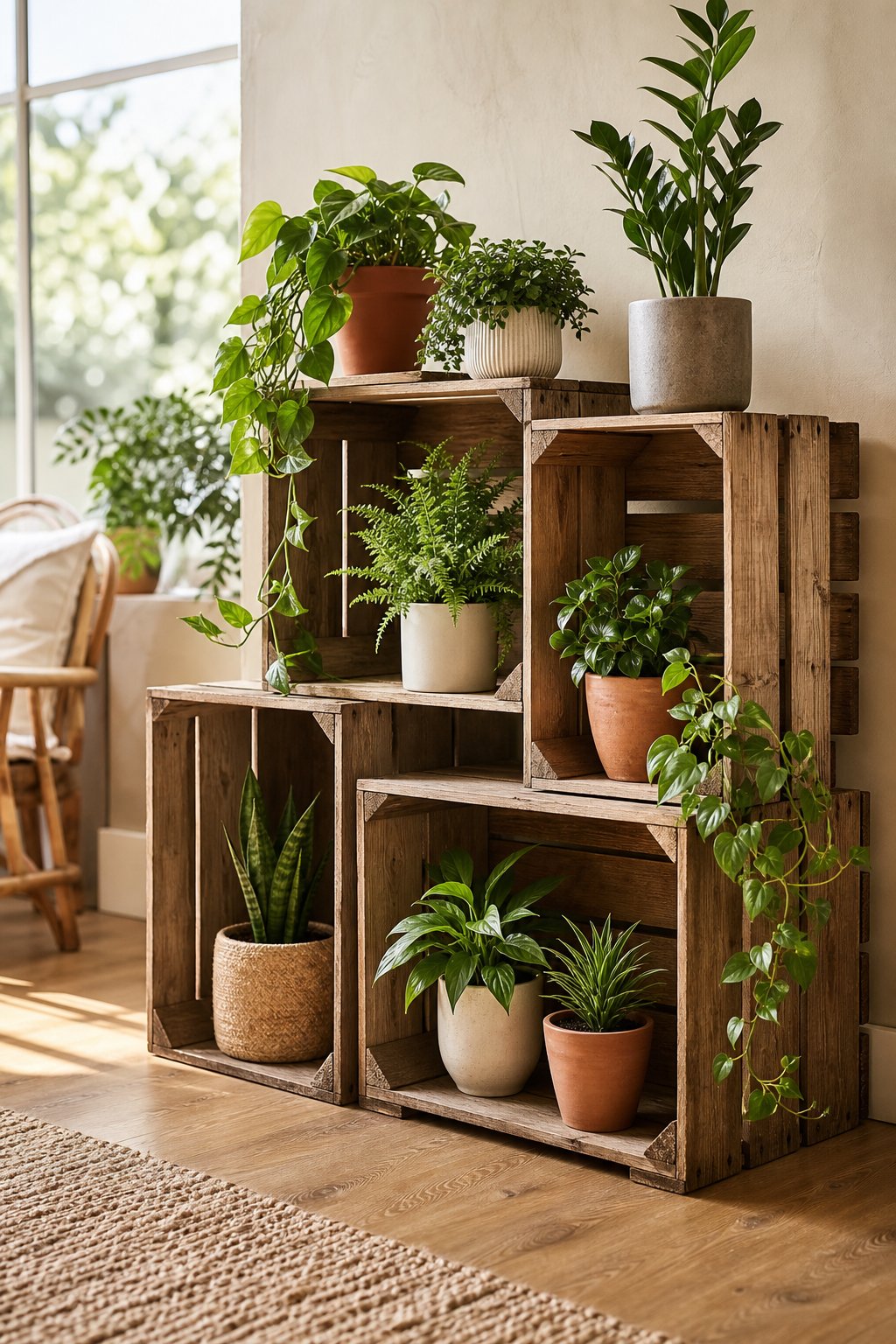 A wooden crate shelf holds several potted green houseplants in a bright home interior.