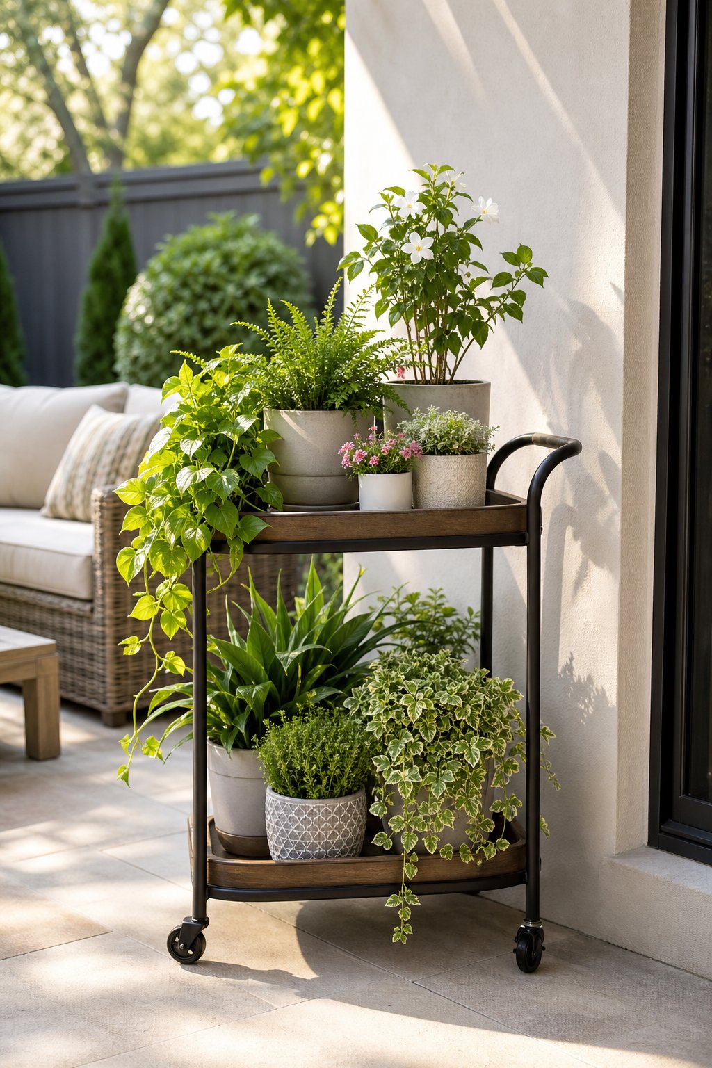 A rolling outdoor bar cart holds several potted plants on a sunny patio.
