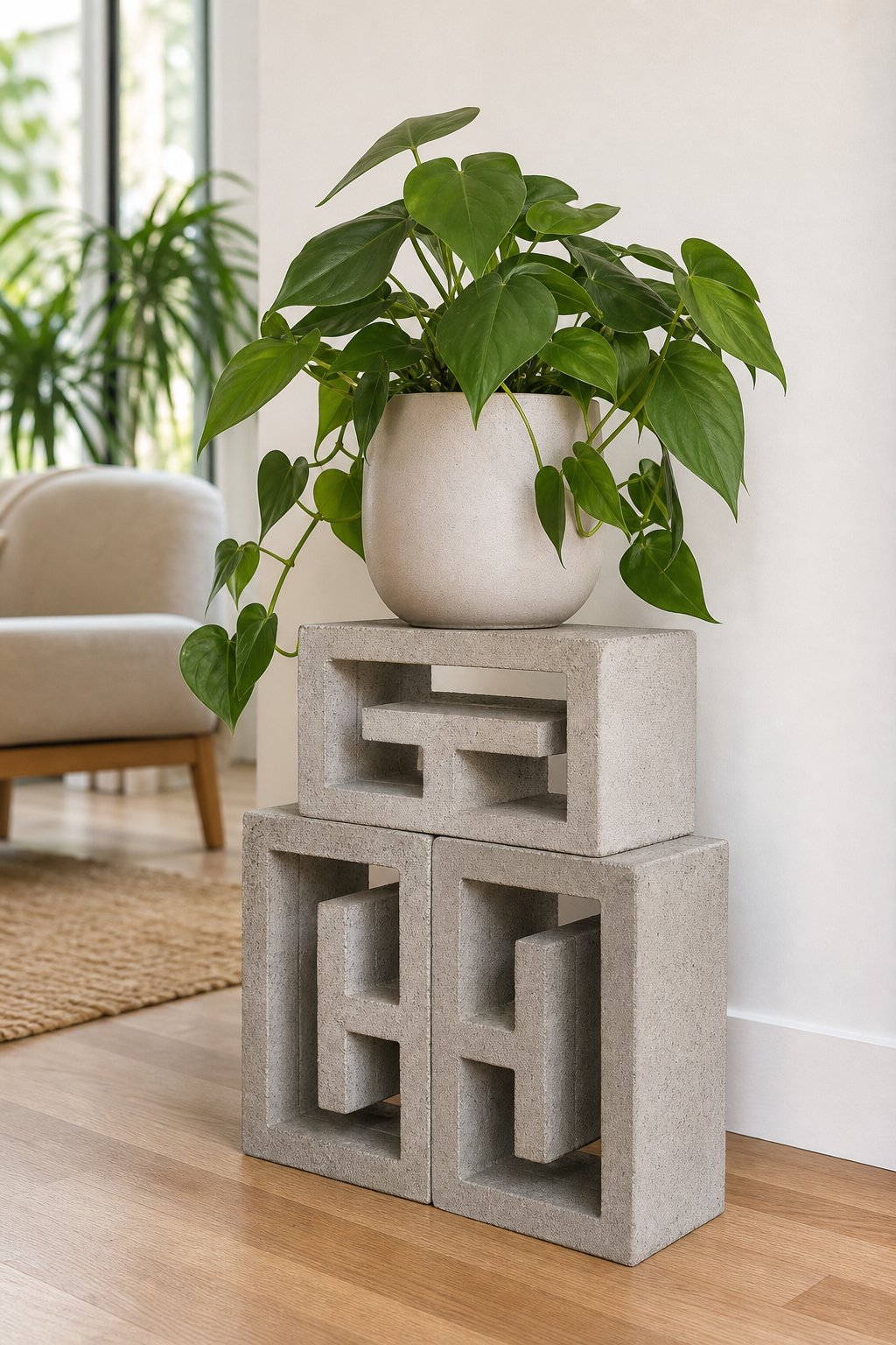 A leafy houseplant in a ceramic pot sits on a stacked concrete breeze block stand in a bright modern room.