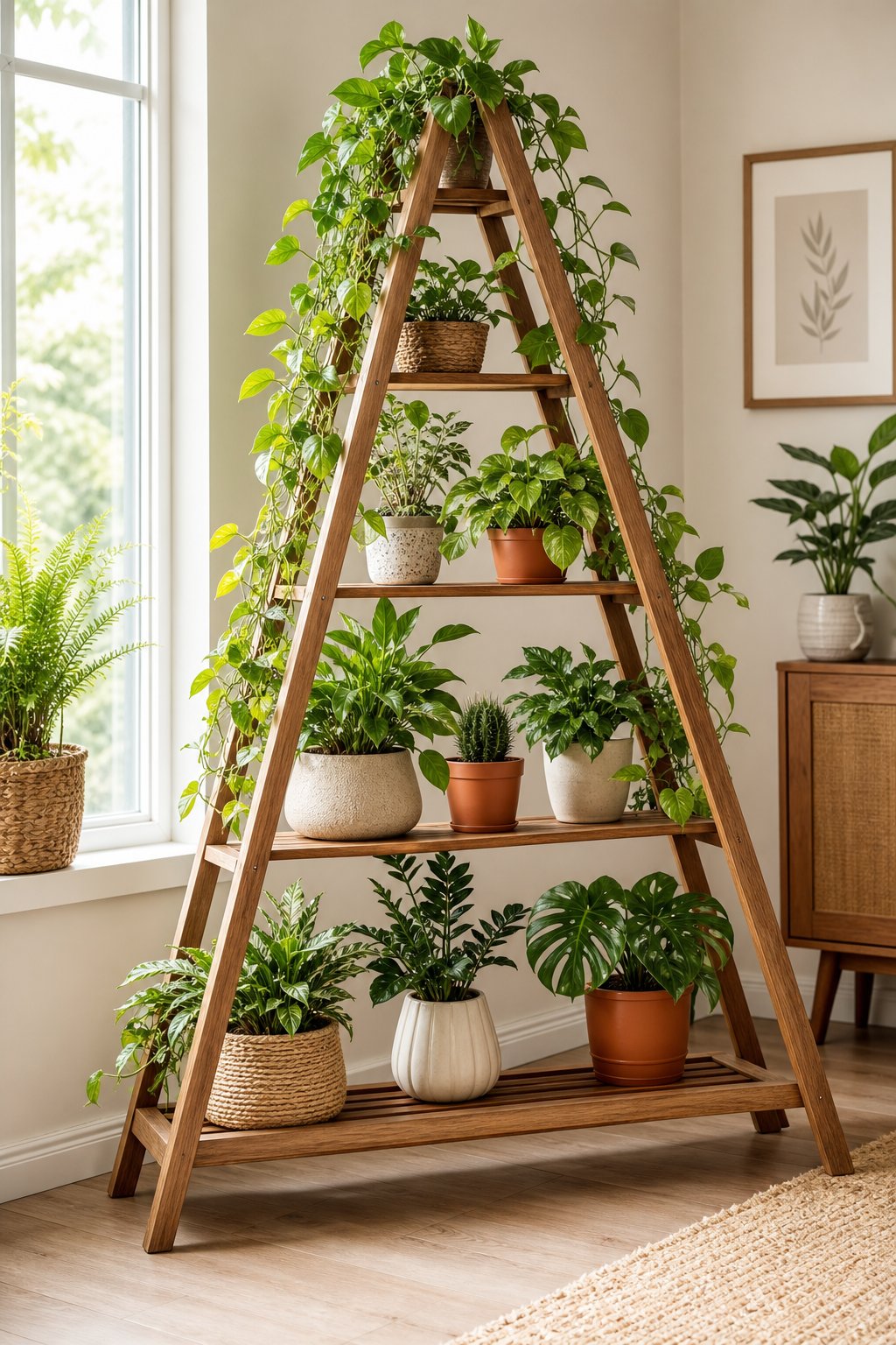 A wooden A-frame plant stand holds several green houseplants beside a sunny window.
